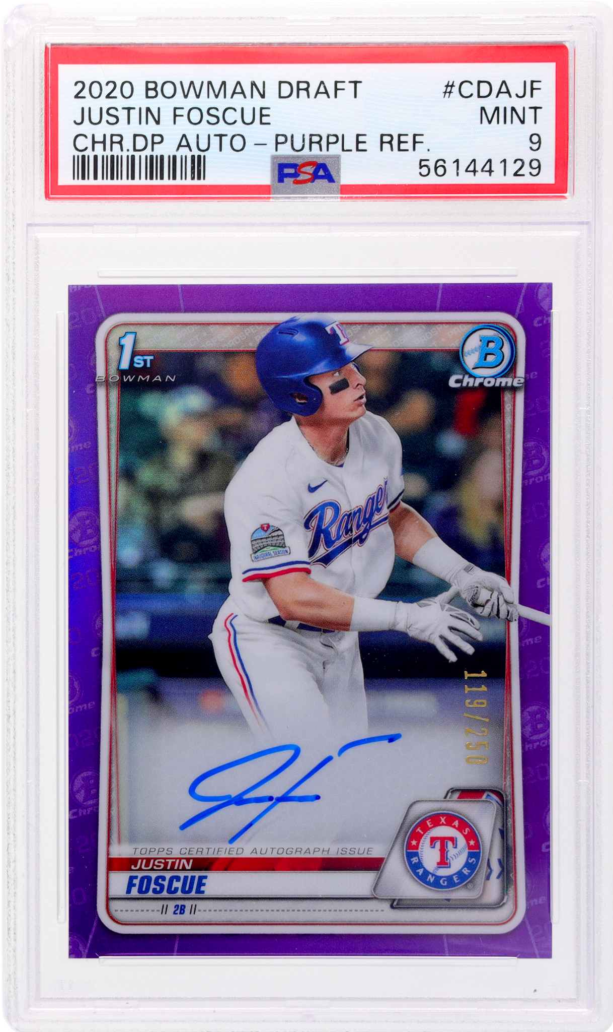 2020 Bowman Draft Chrome Autograph Purple Refractor Justin Foscue /250 PSA 9