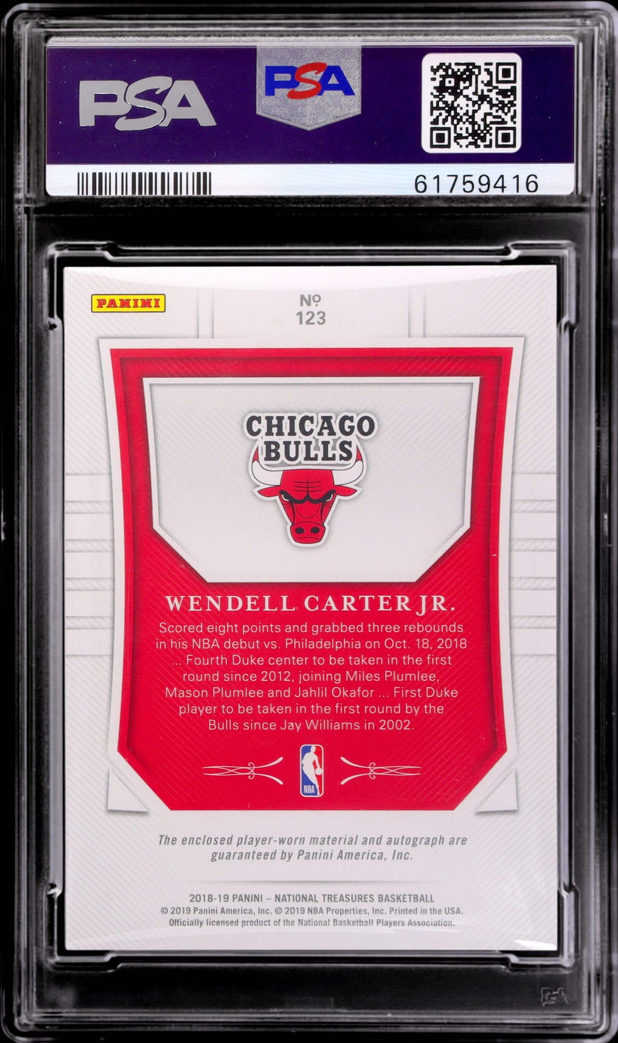 2018 National Treasures #123 Wendell Carter Jr. Rookie Patch Autograph /99 PSA 9