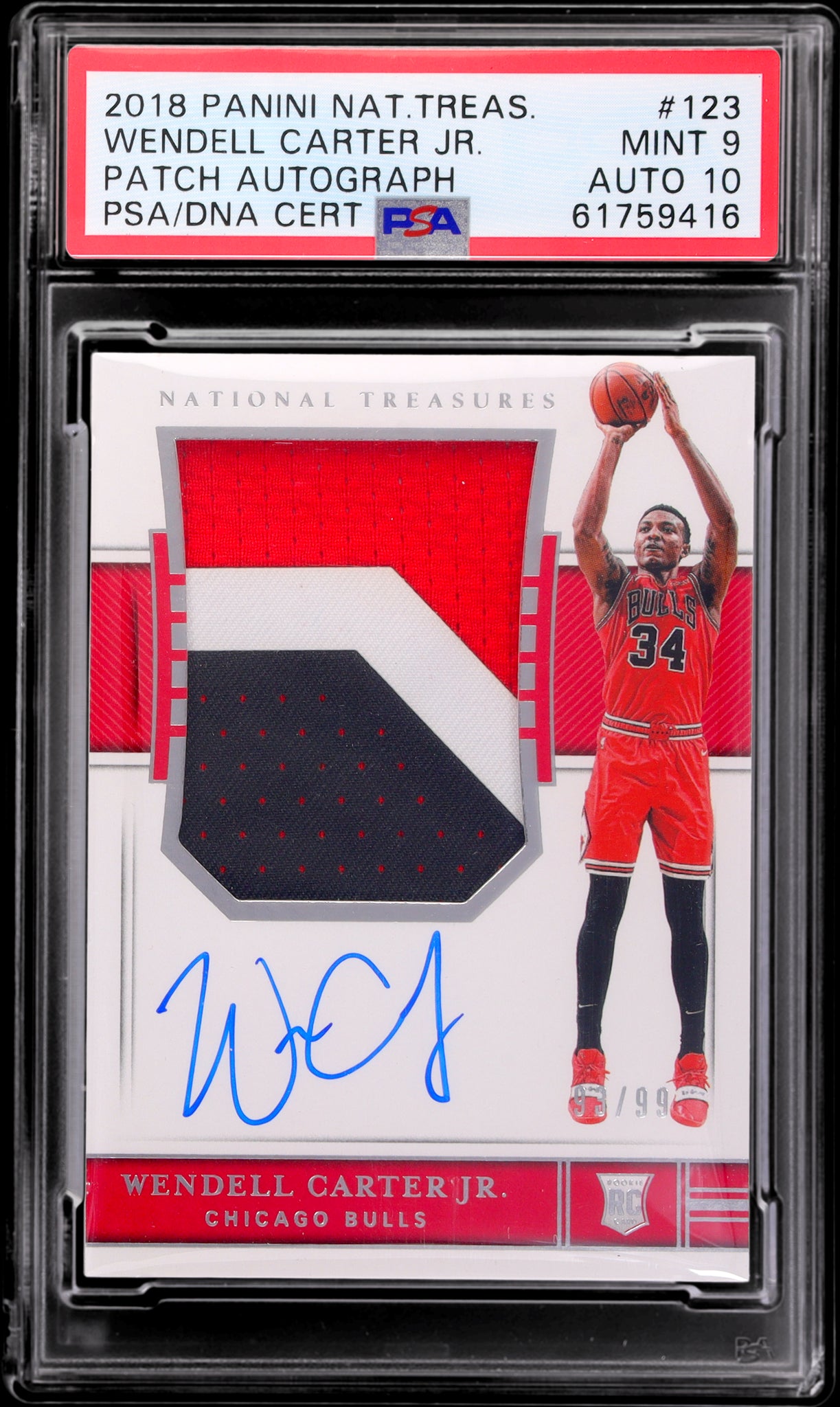 2018 National Treasures #123 Wendell Carter Jr. Rookie Patch Autograph /99 PSA 9