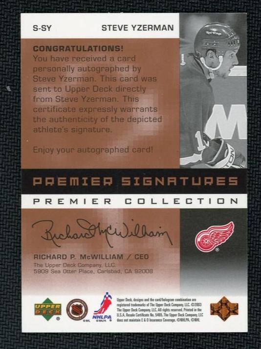 Upper Deck Premier Collection S-SY Steve Yzerman Premier Signatures Red Wings Auto