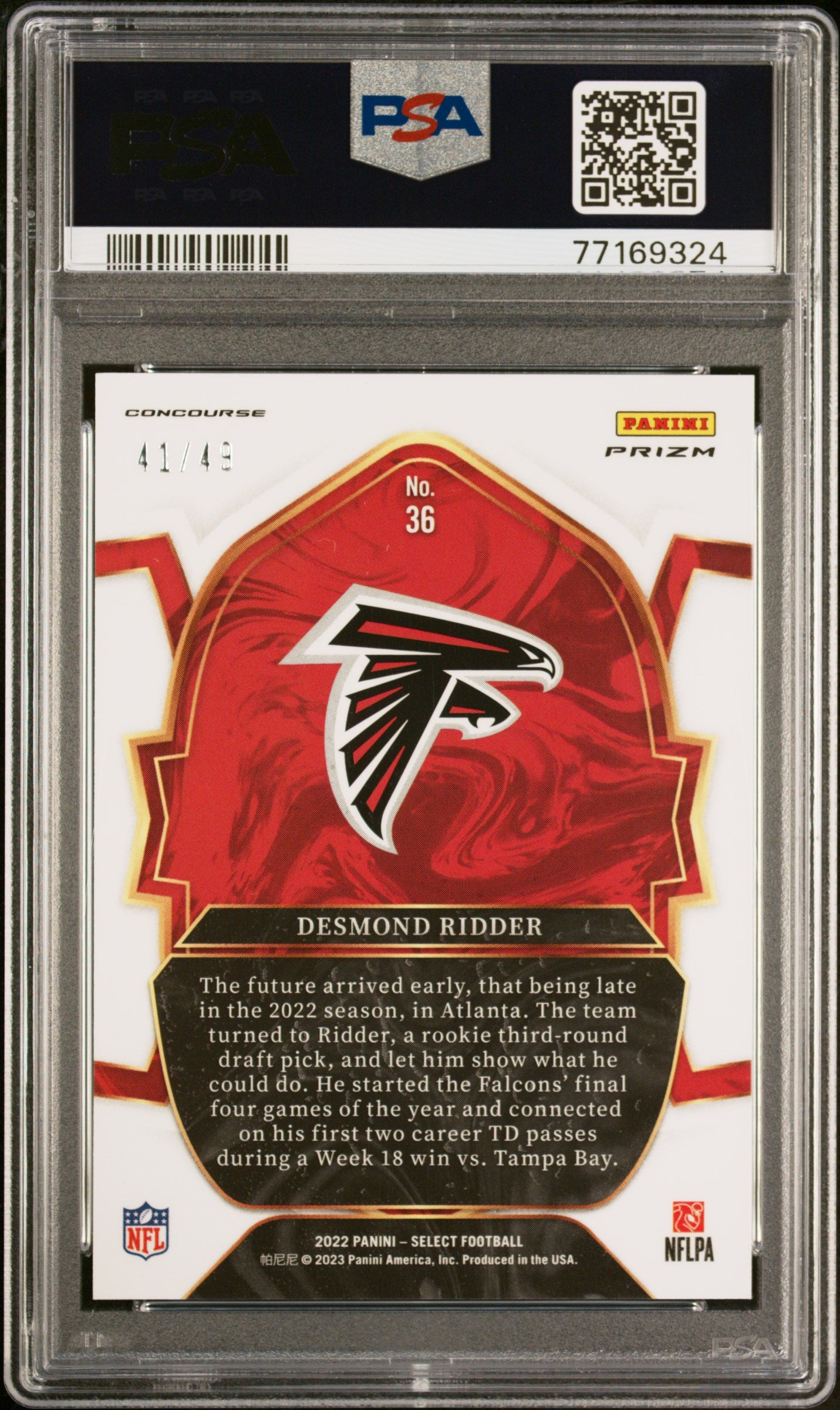 2022 Select Orange Prizm Desmond Ridder #36 RC /49 PSA 10