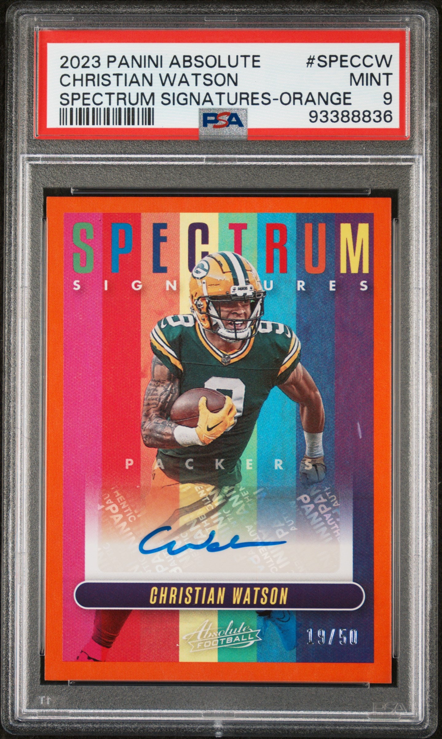 2023 Panini Absolute Spectrum Orange Christian Watson #SPEC-CW Auto /50 PSA 9