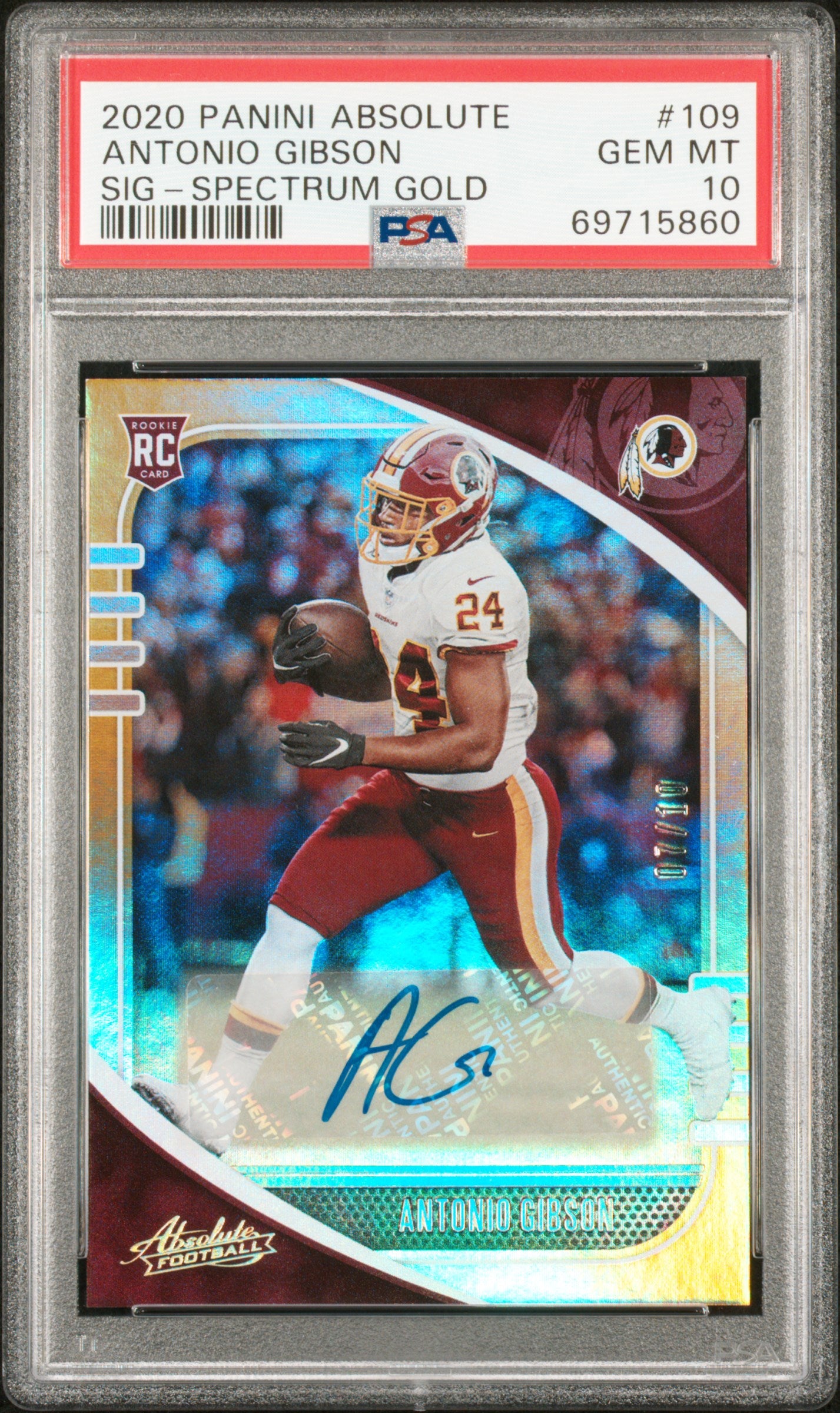 2020 Panini Absolute Spectrum Gold Antonio Gibson #109 RC Auto /10 PSA 10