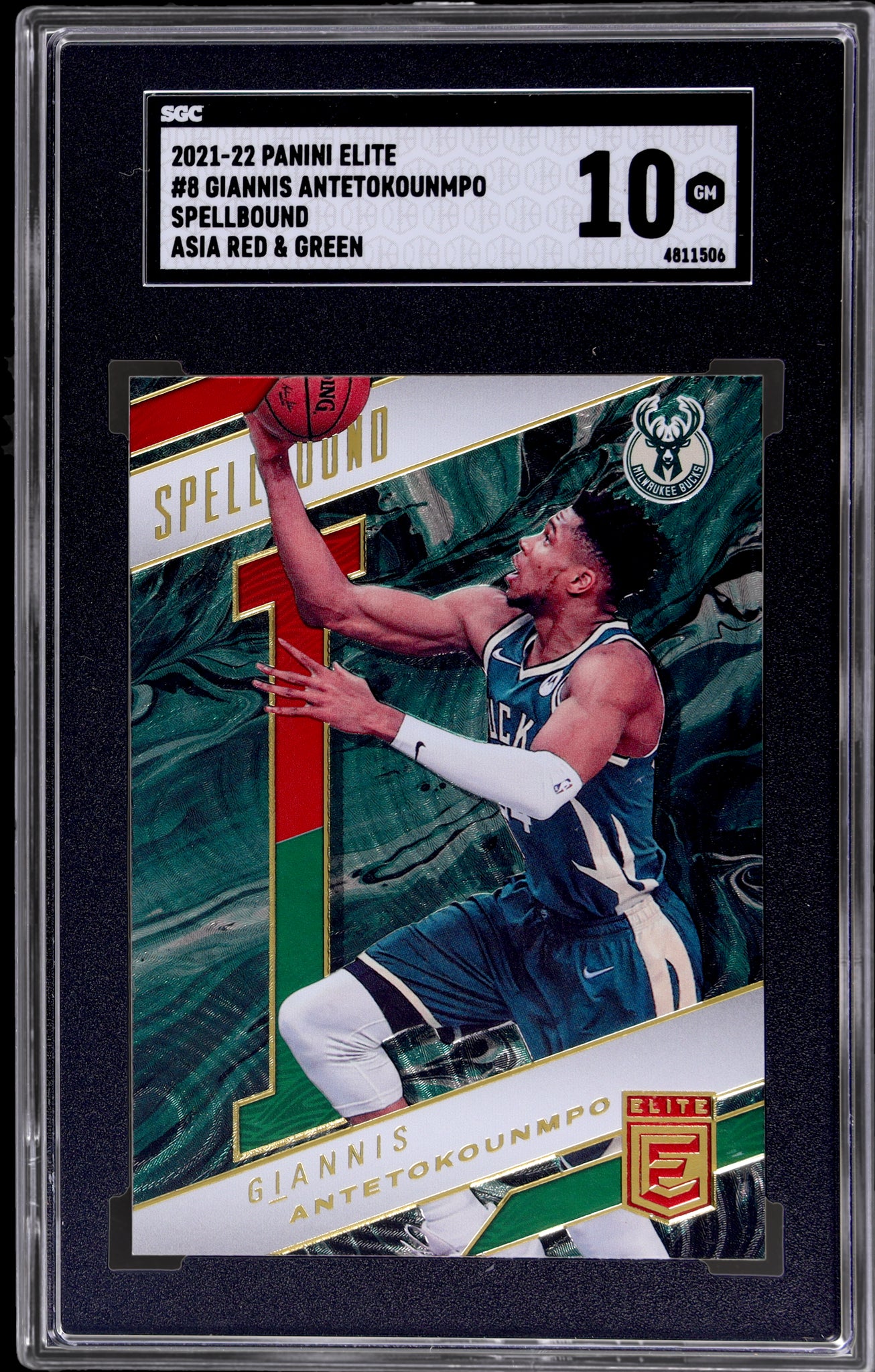 2021-22 Panini Elite #8 Giannis Antetokounmpo Spellbound Asia Red & Green SGC 10