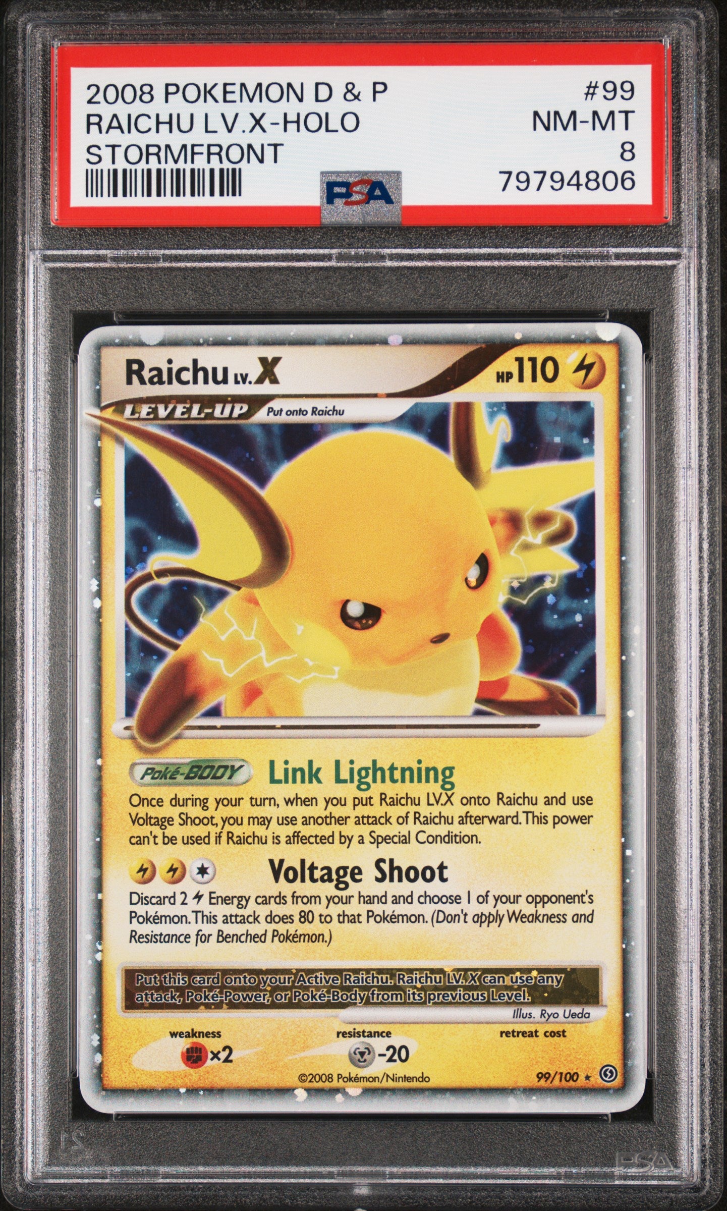 2008 Pokemon Diamond and Pearl Stormfront #99 Raichu Holo Level X PSA 8