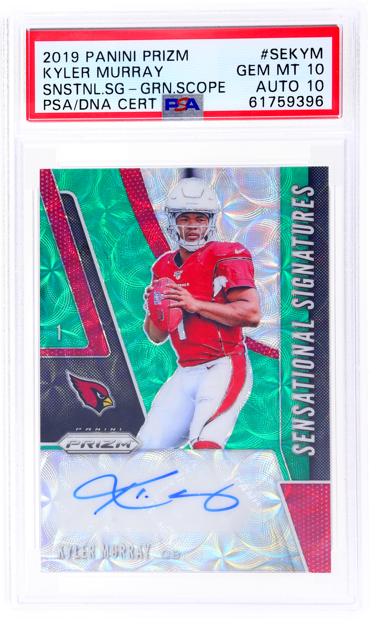 2019 Panini Prizm #2 Kyler Murray Sensational Signatures Green Scope Prizm /75 PSA 10