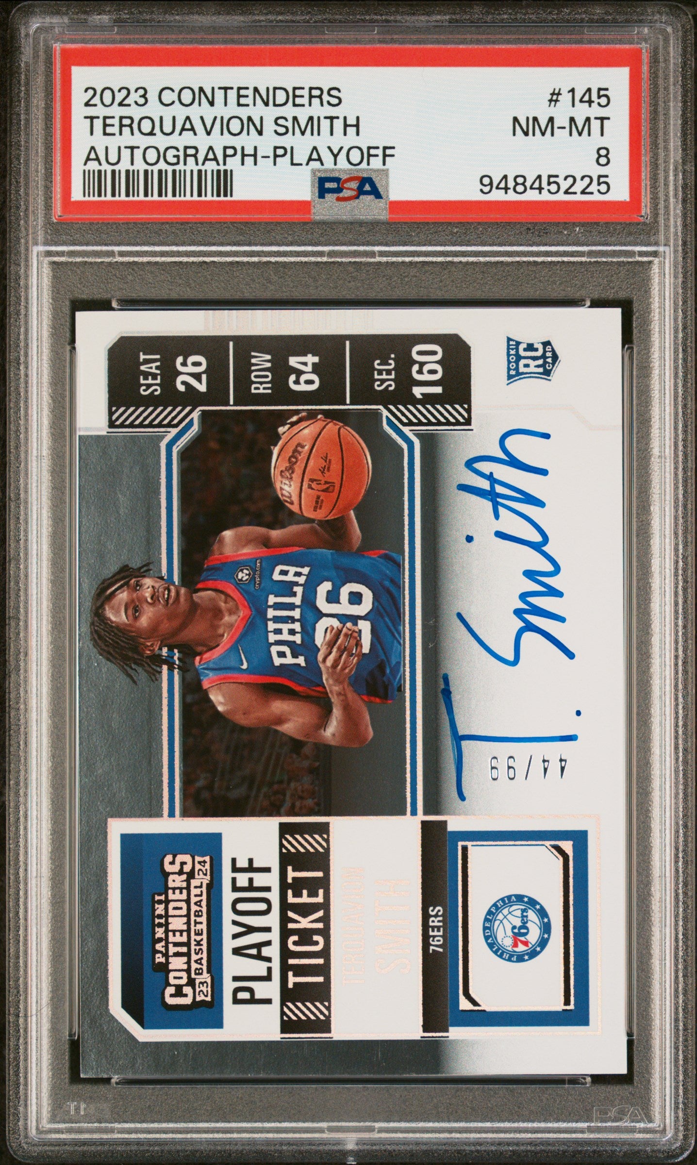 2023 Panini Contenders Auto Playoff Terquavion Smith /99 Rookie RC #145 PSA 8