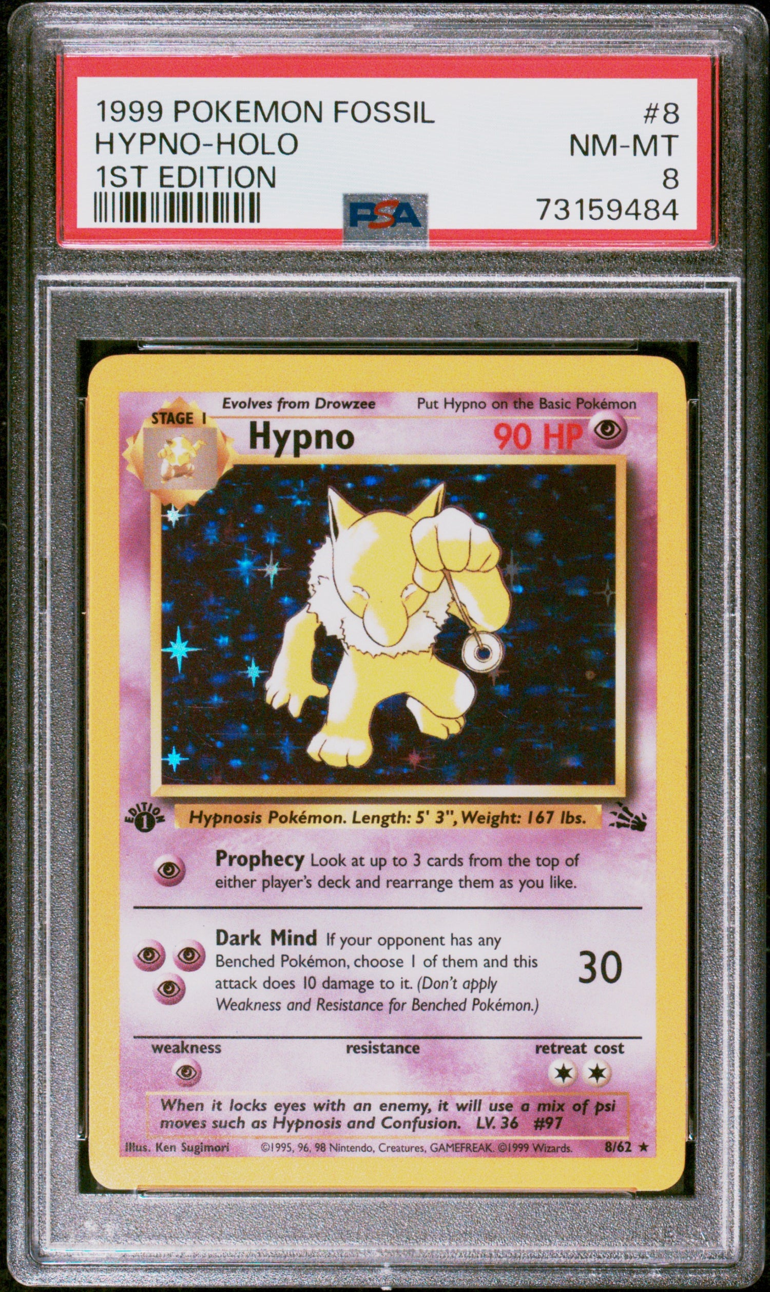 1999 Pokemon Fossil 1st Edition Holo Hypno #8 PSA 8