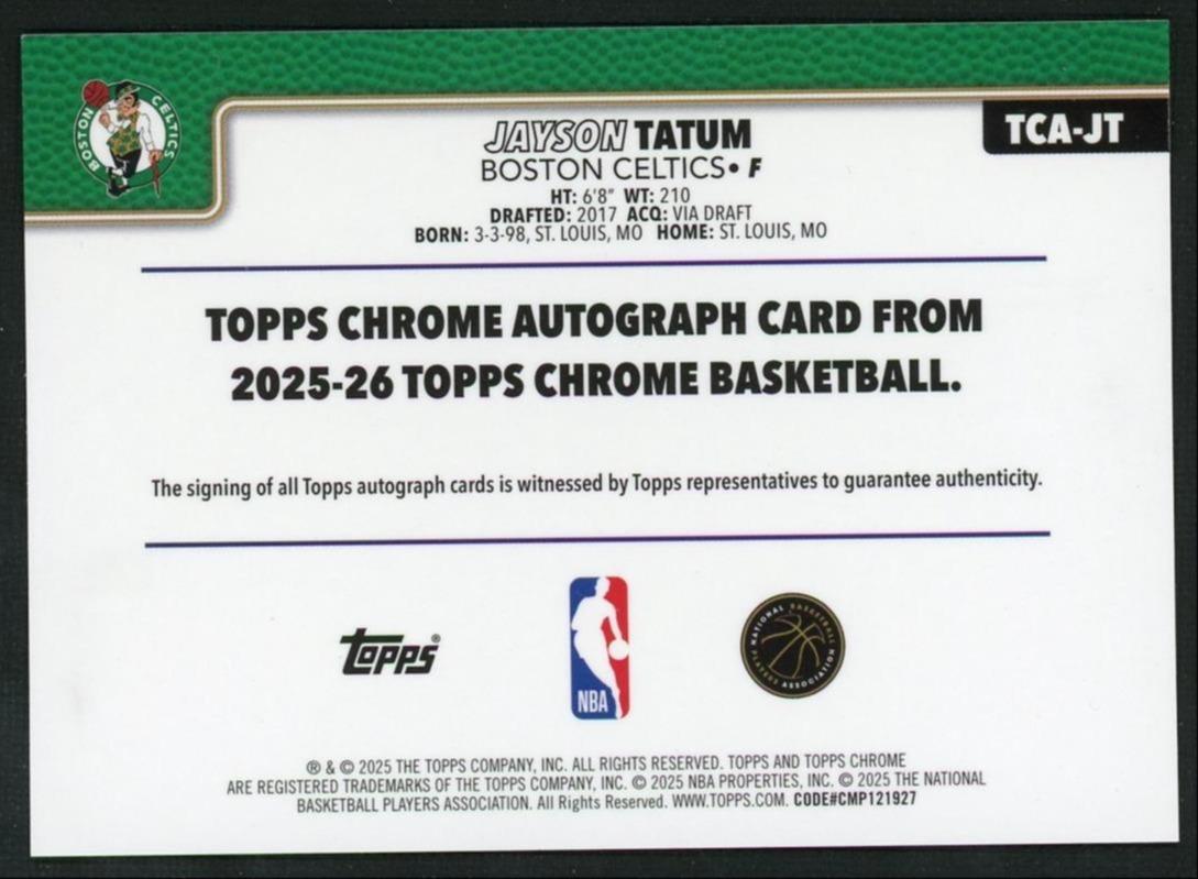 2025 Topps Chrome Chrome Jayson Tatum Purple Refractor Auto /75