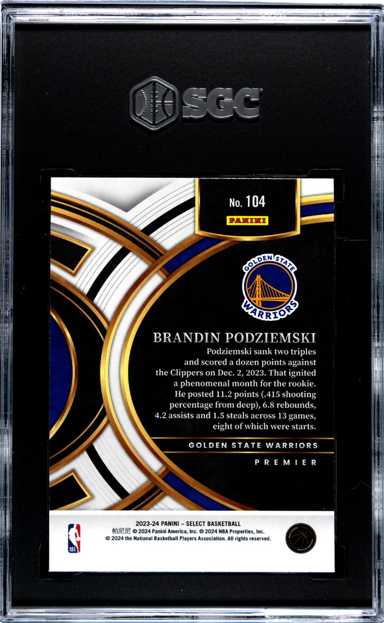 2023-24 Panini Select Blue Retail Brandin Podziemski #104 RC SGC 10