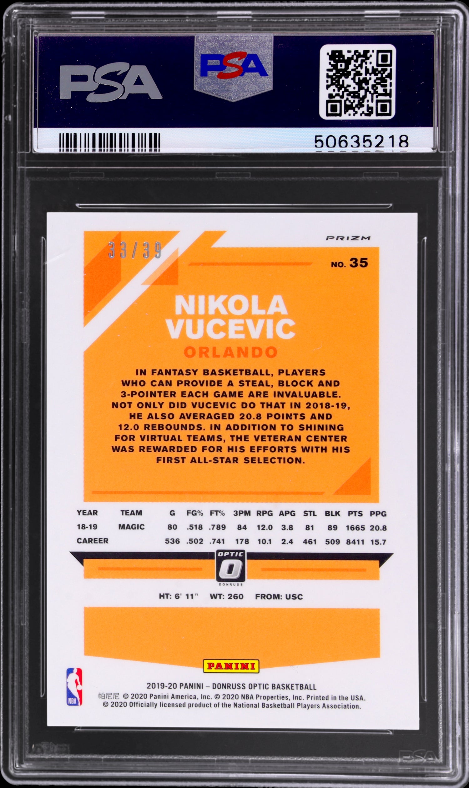 2019 Panini Donruss Optic Black Velocity Nikola Vucevic #35 /39 PSA 10