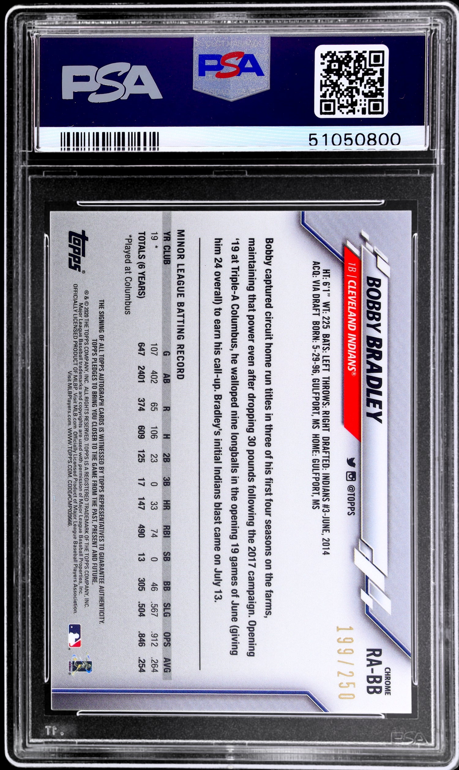 2020 Topps Chrome Bobby Bradley #RABB 199/250 PSA 10 RC Auto Purple Refractor
