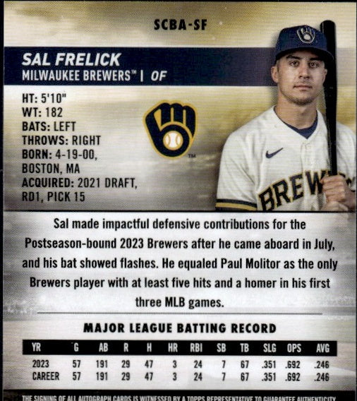 2024 Topps Stadium Club #SCBA-SF Sal Frelick Rookie Auto Milwaukee Brewers