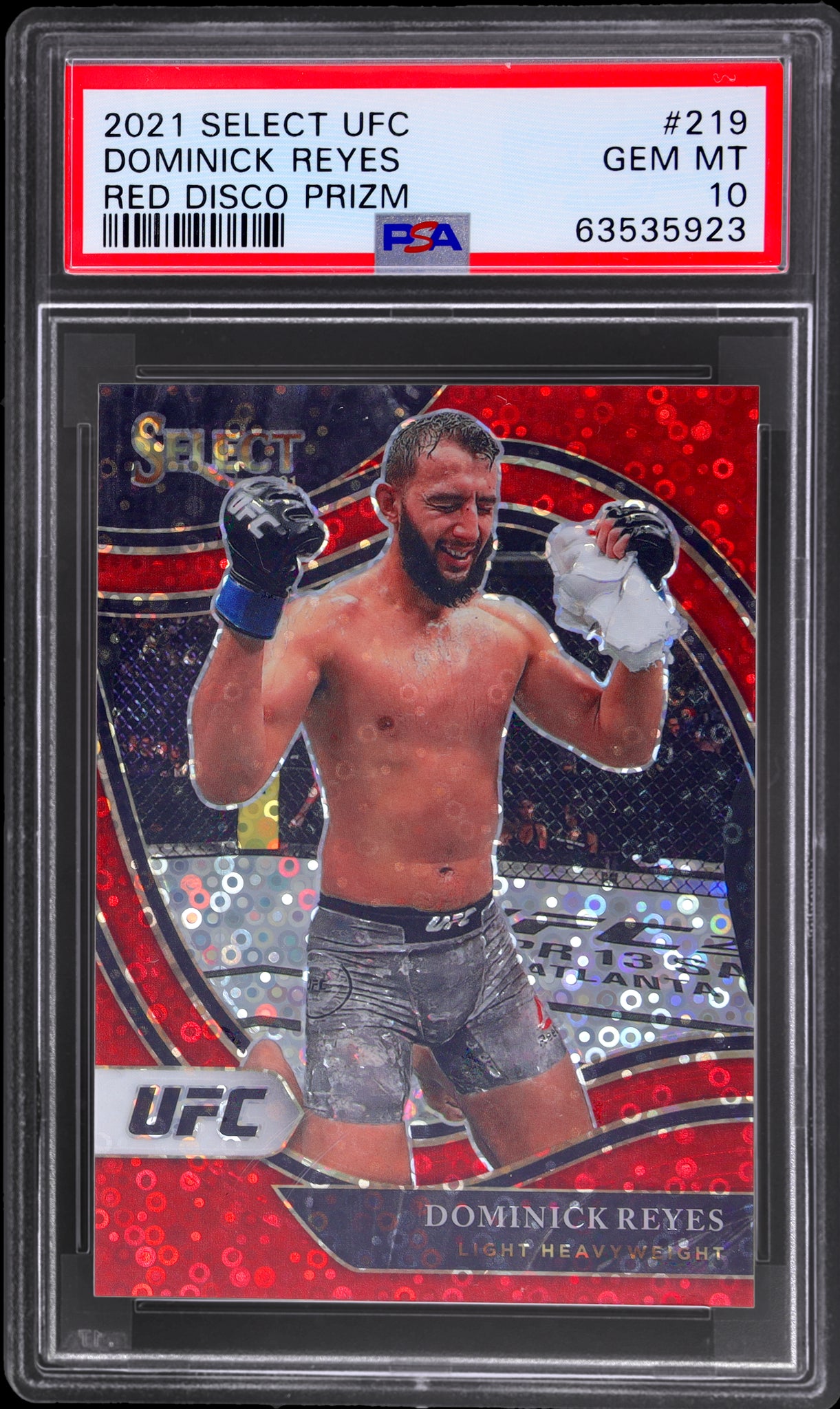 2021 Panini Select UFC Prizm Red Disco Dominick Reyes Octagonside /199 PSA 10