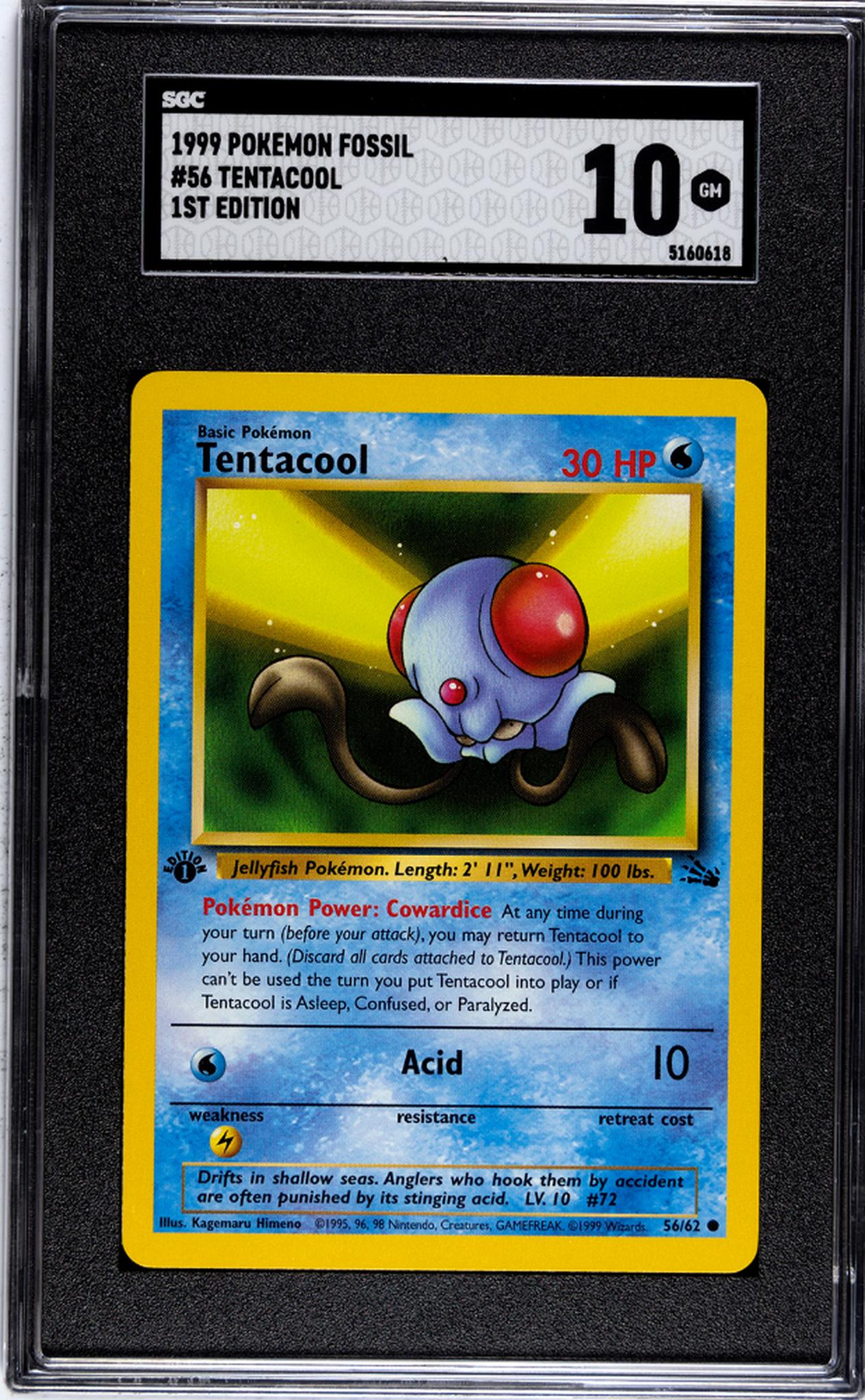 1999 Pokemon Fossil #56/62 Tentacool 1st Edition SGC 10