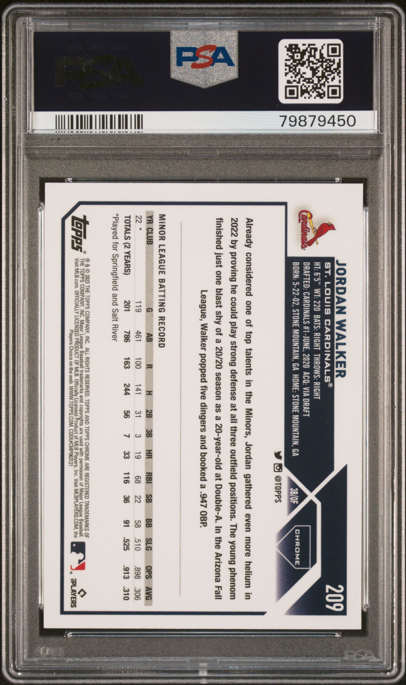2023 Topps Chrome Jordan Walker #209 RC PSA 10