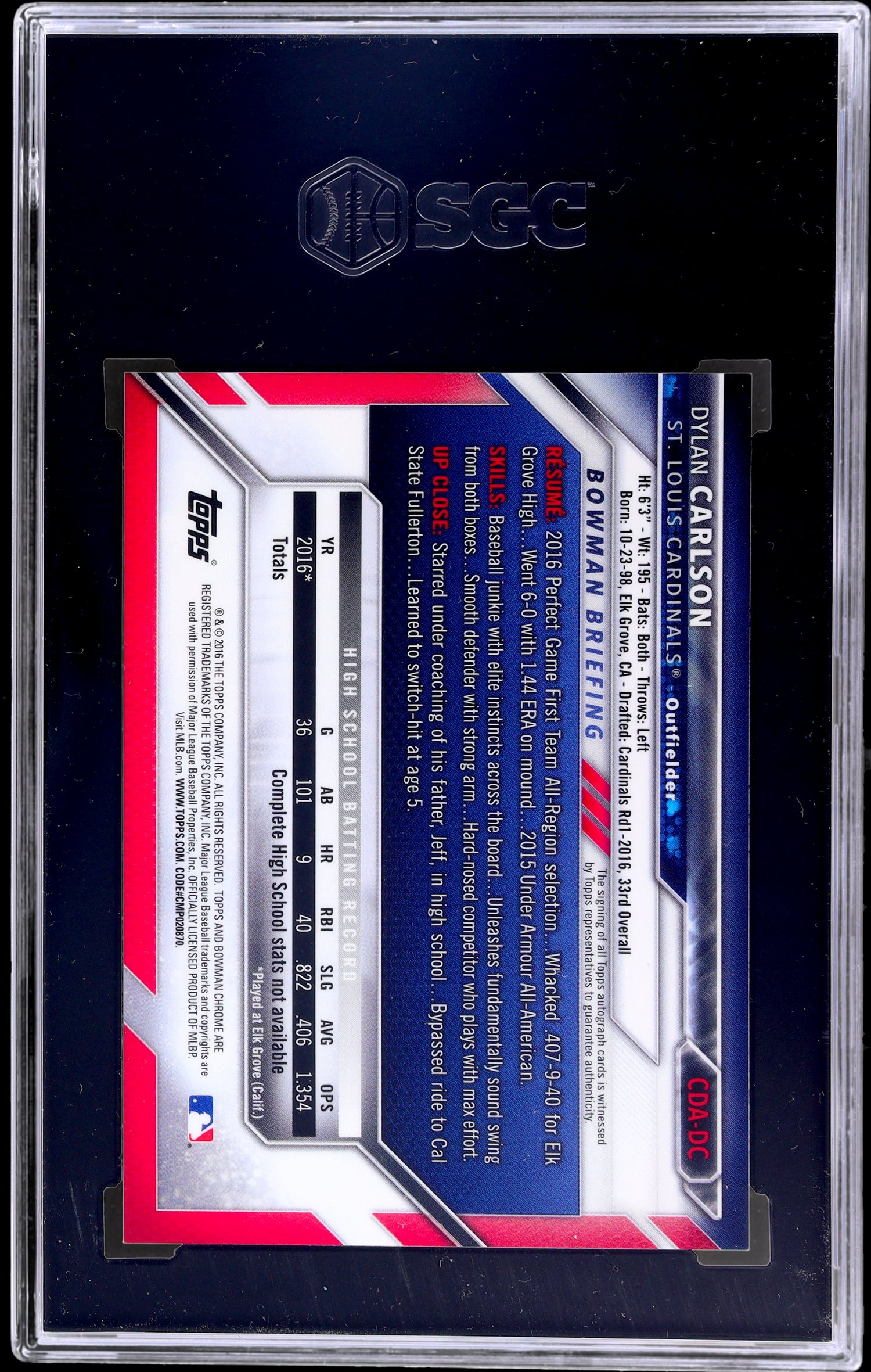 2016 Bowman Chrome Draft Dylan Carlson #CDA-DC Auto SGC 10 Auto 10