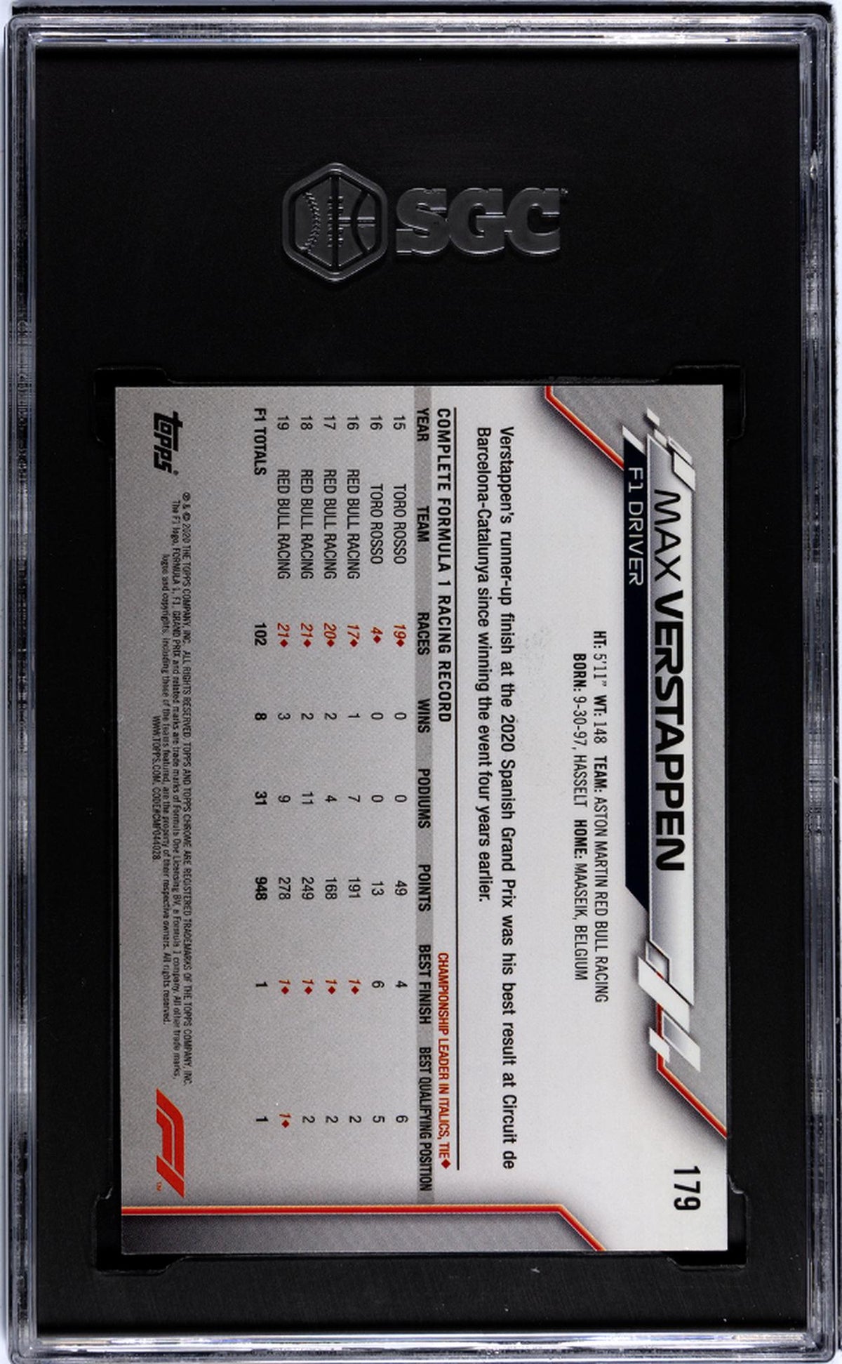 2020 Topps Chrome F1 Max Verstappen #179 SGC 10