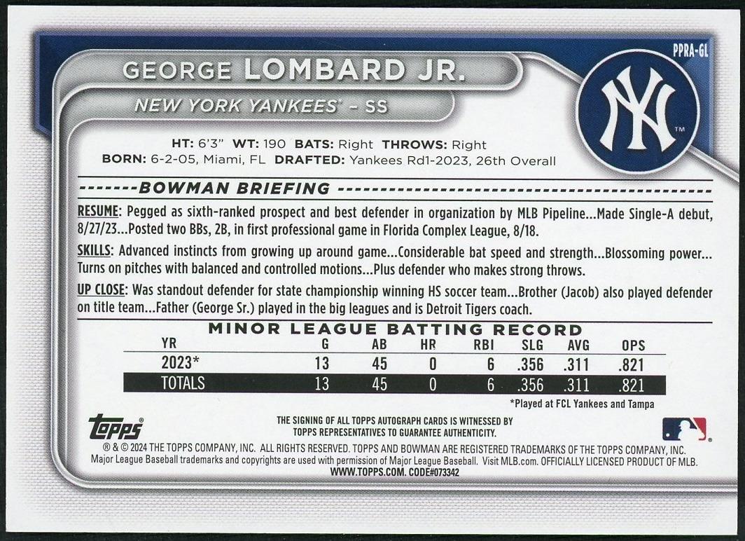 2024 Bowman George Lombard Jr. Paper Auto Purple /250