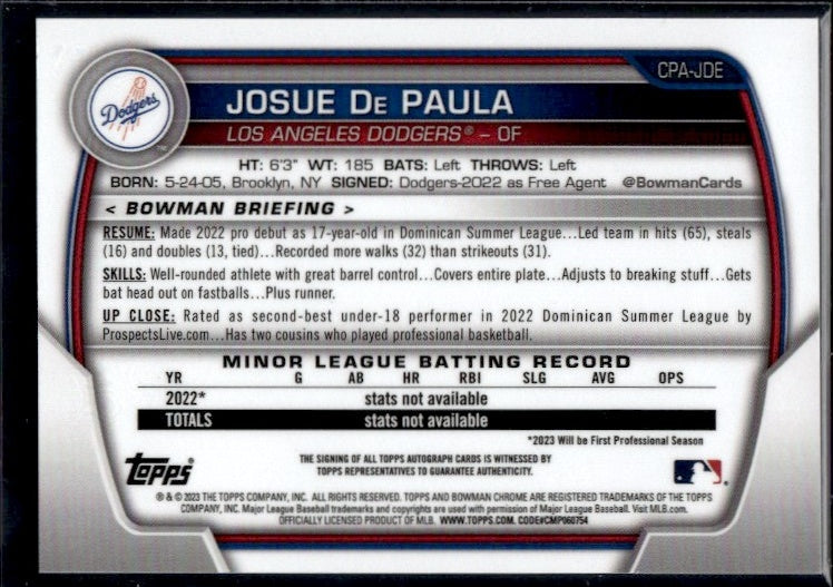 2023 Bowman Chrome #CPA-JDE JOSUE De PAULA Rookie Auto Los Angeles Dodgers