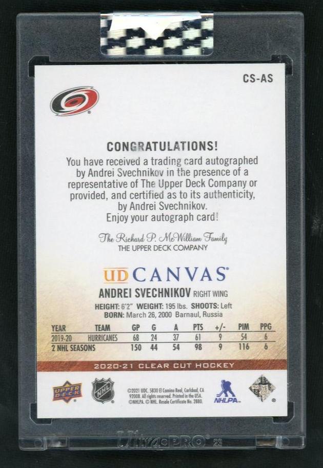 2020 Upper Deck UD Canvas CS-AS Andrei Svechnikov Clear Cut /37 Hurricanes Auto
