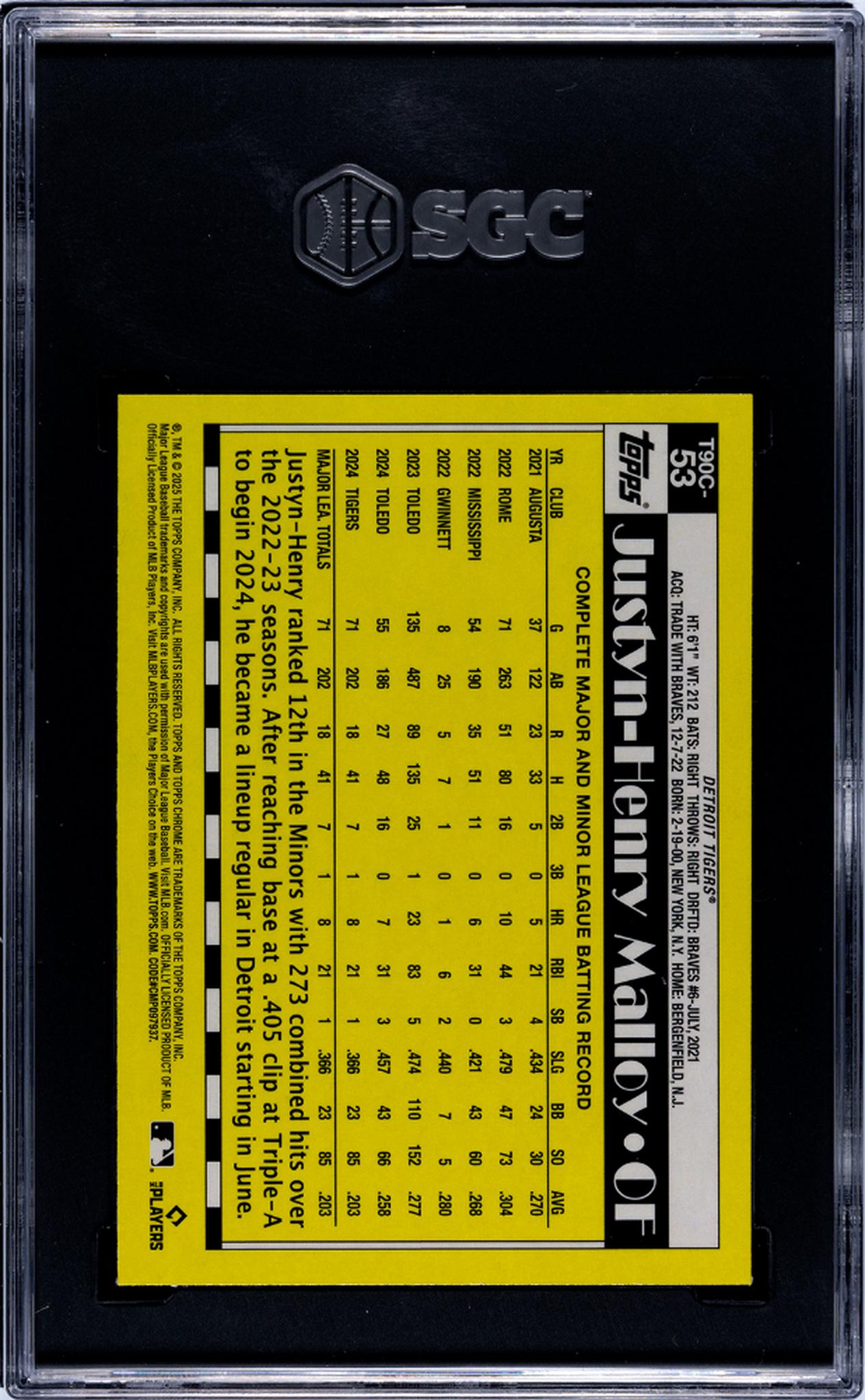 2025 Topps Chrome Aqua Refractor Justyn-Henry Malloy #T90C-53 RC /199 SGC 8.5