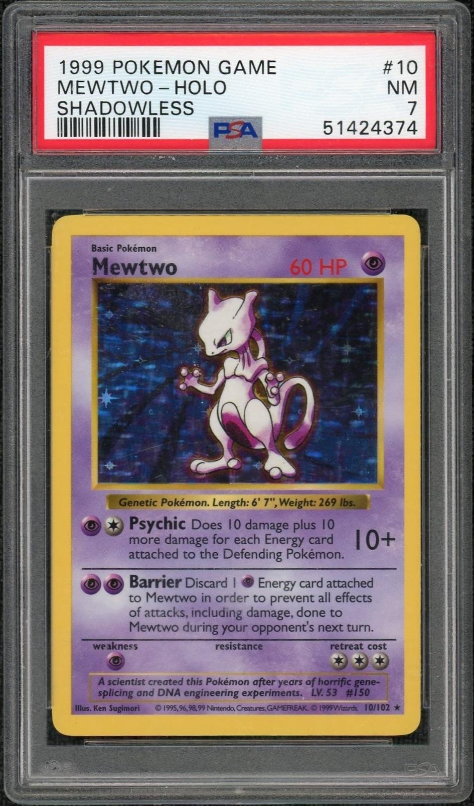1999 Pokemon Base Set Shadowless Holo Mewtwo #10 PSA 7