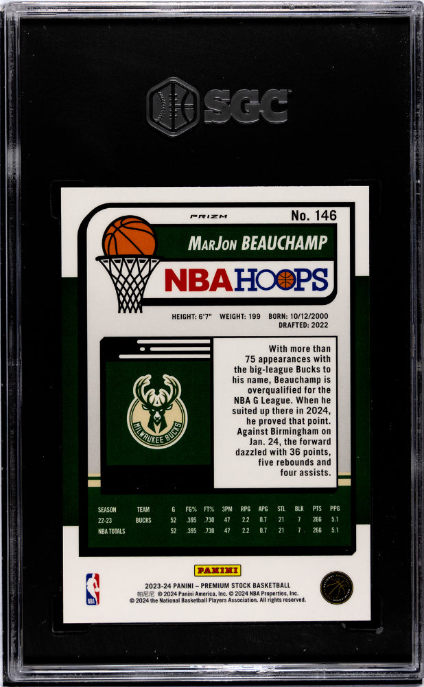 2023-24 Panini Hoops Premium Stock #146 Marjon Beauchamp Red Seismic Prizm 181/199 SGC 10