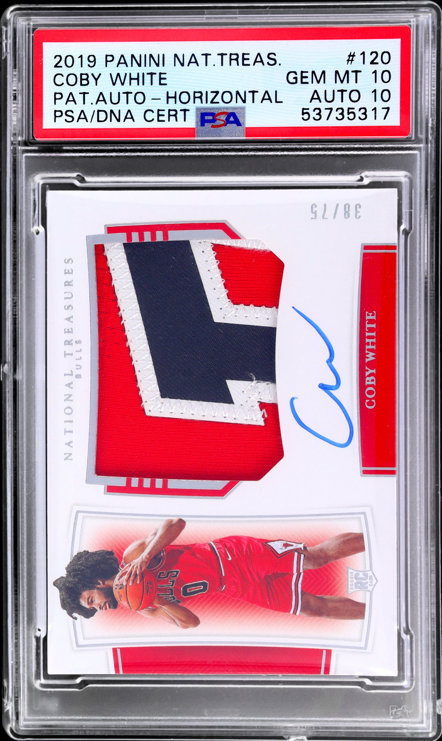 2019 National Treasures #120 Coby White Rookie Patch Autograph Horizontal /75 PSA 10