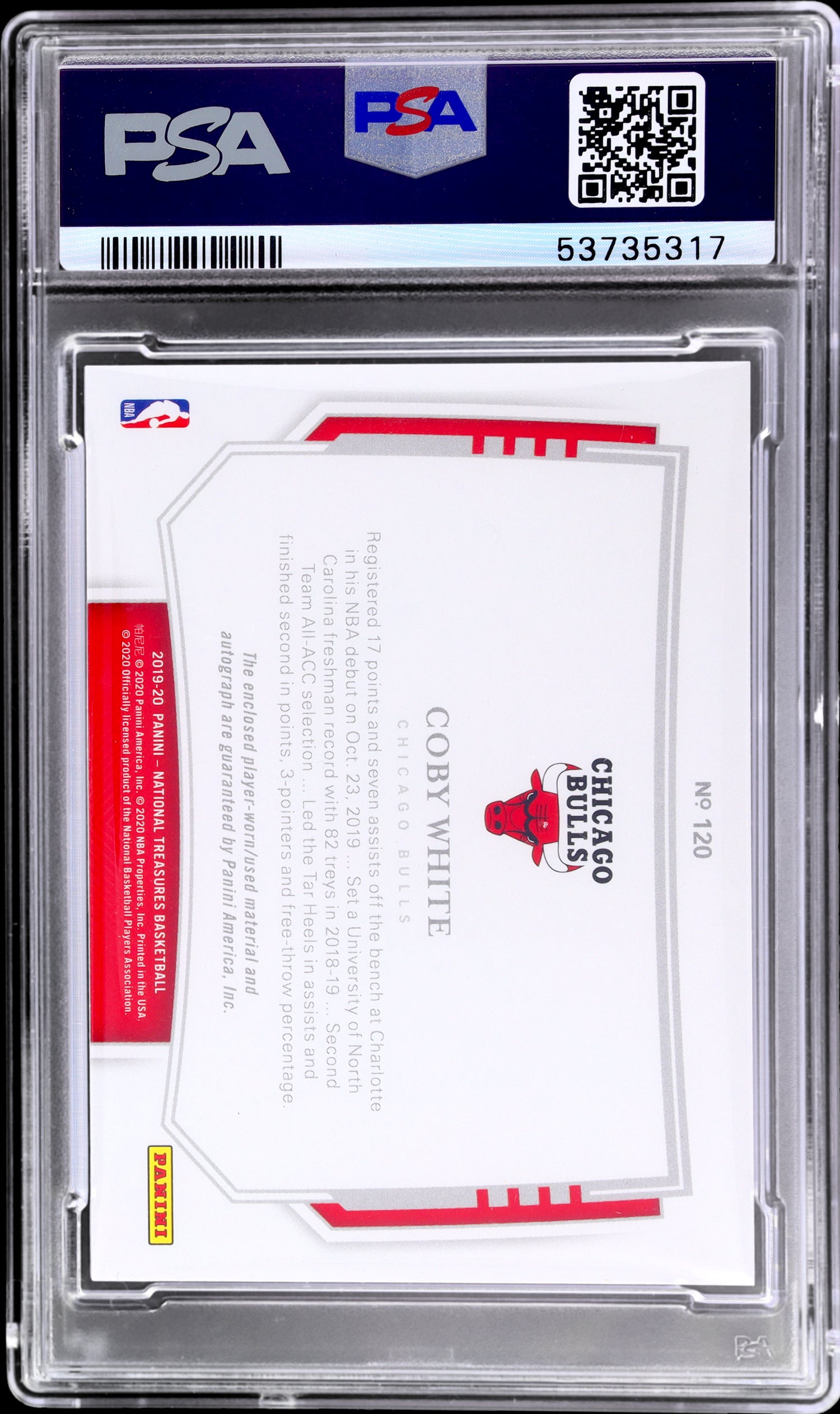 2019 National Treasures #120 Coby White Rookie Patch Autograph Horizontal /75 PSA 10
