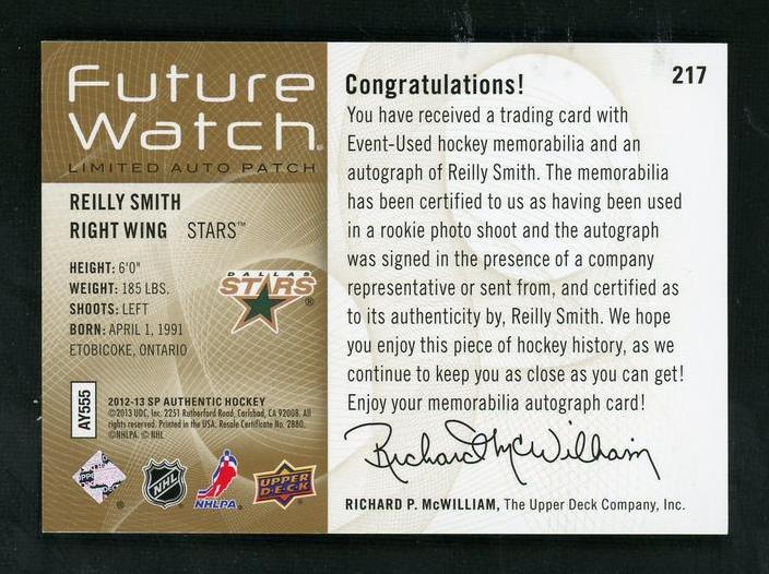 2012 Upper Deck SP Authentic 217 Reilly Smith Future Watch Rookie /100 Dallas Stars Auto