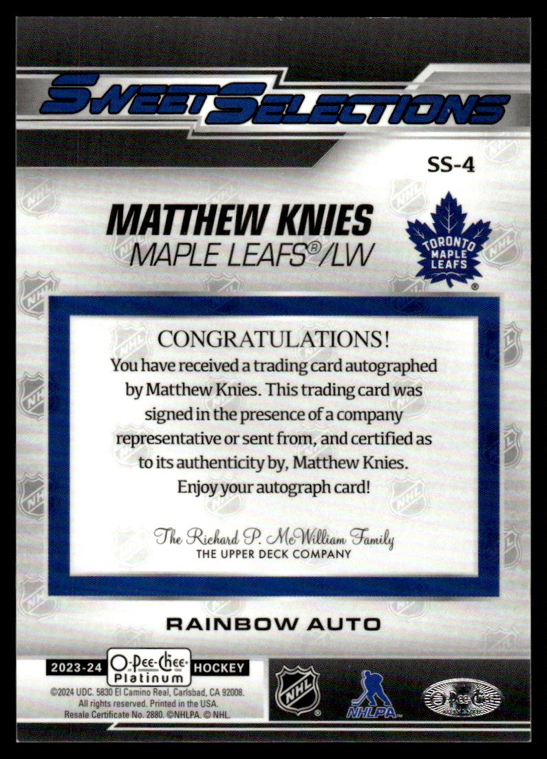 2023 Upper Deck O-Pee-Chee Platinum SS-4 Matthew Knies Sweet Selections Rainbow Maple Leafs Auto
