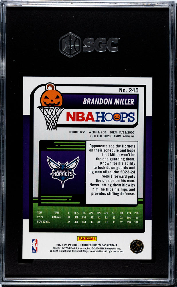 2023 Panini NBA Hoops #245 Brandon Miller Orange Rookie SGC 7