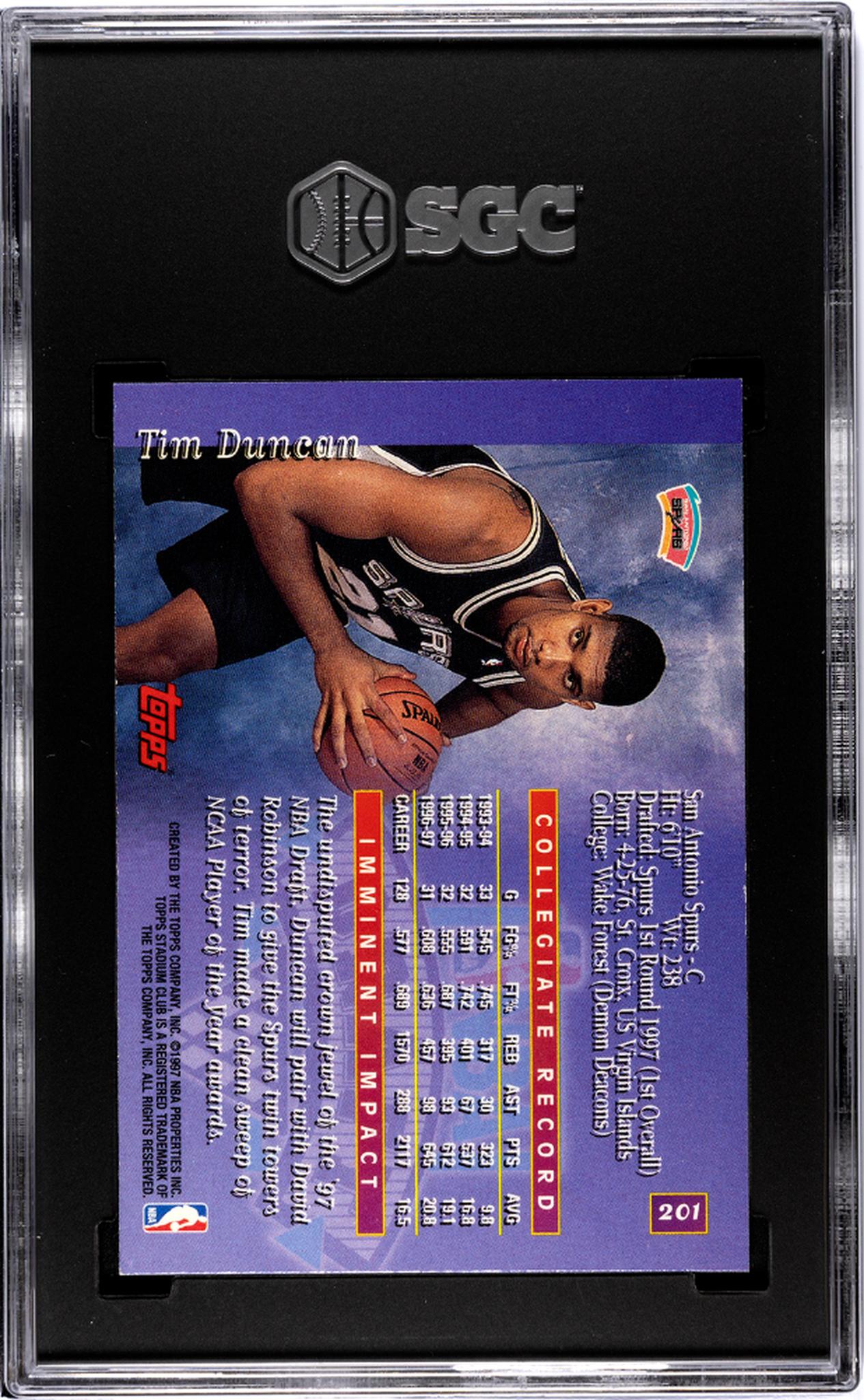 1997 Topps Stadium Club Tim Duncan #201 SGC 8