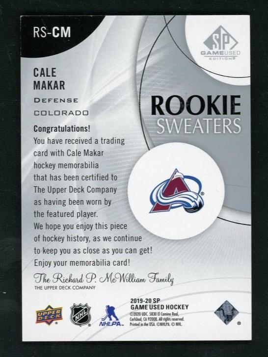2019 Upper Deck SP Game Used RS-CM Cale Makar Rookie Sweaters Rookie 199/199 Colorado