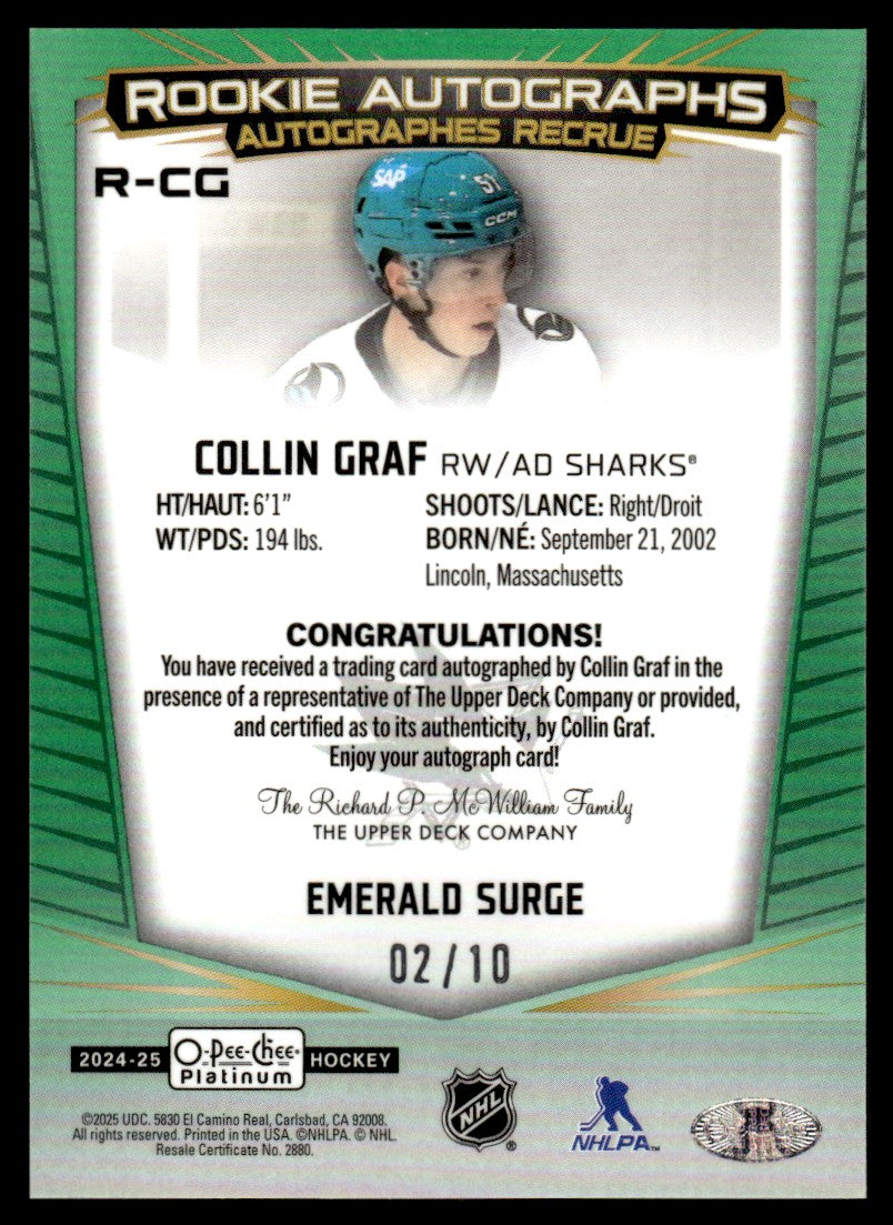 2024 Upper Deck O-Pee-Chee Platinum R-CG Collin Graf Rookie Autographs Emerald Rookie /10 Sharks