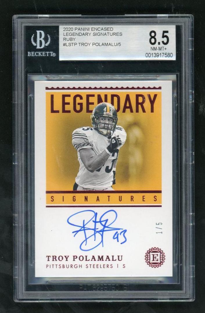2020 Panini Encased Legendary Signatures Ruby Troy Polamalu #LSTP /5 BGS 8.5