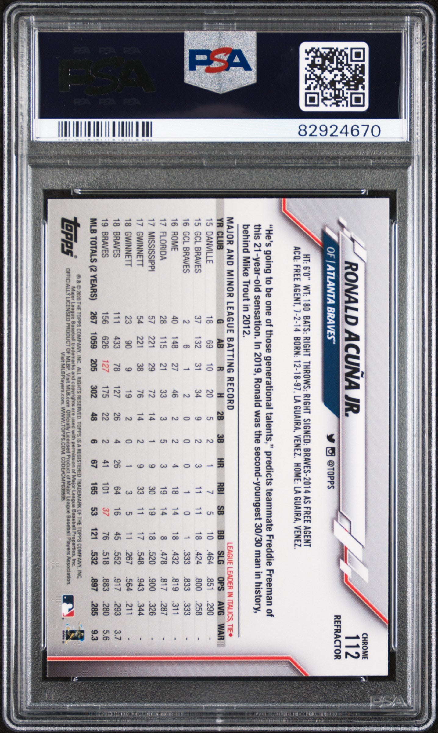 2020 Topps Chrome Pink Refractor Ronald Acuna Jr. #112 PSA 10