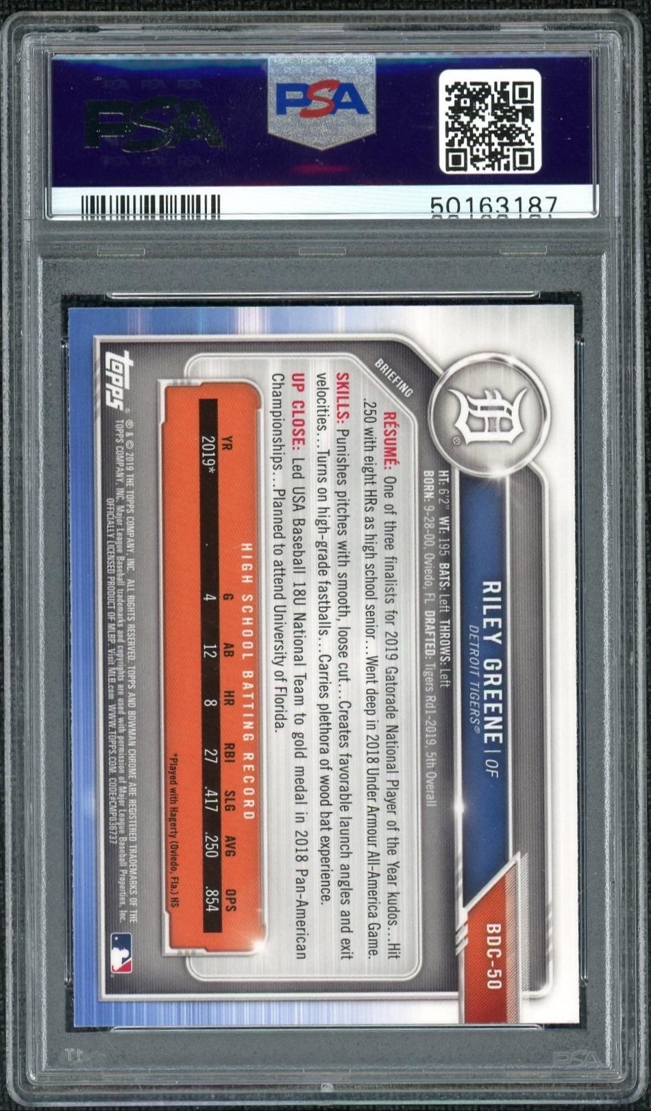 2019 Bowman Draft Sapphire Chrome Riley Greene #BDC50 PSA 10