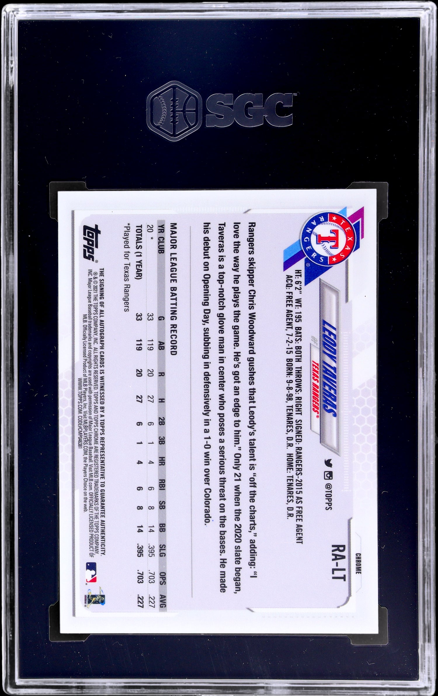 2021 Topps Chrome Leody Taveras #RA-LT Auto RC SGC 10