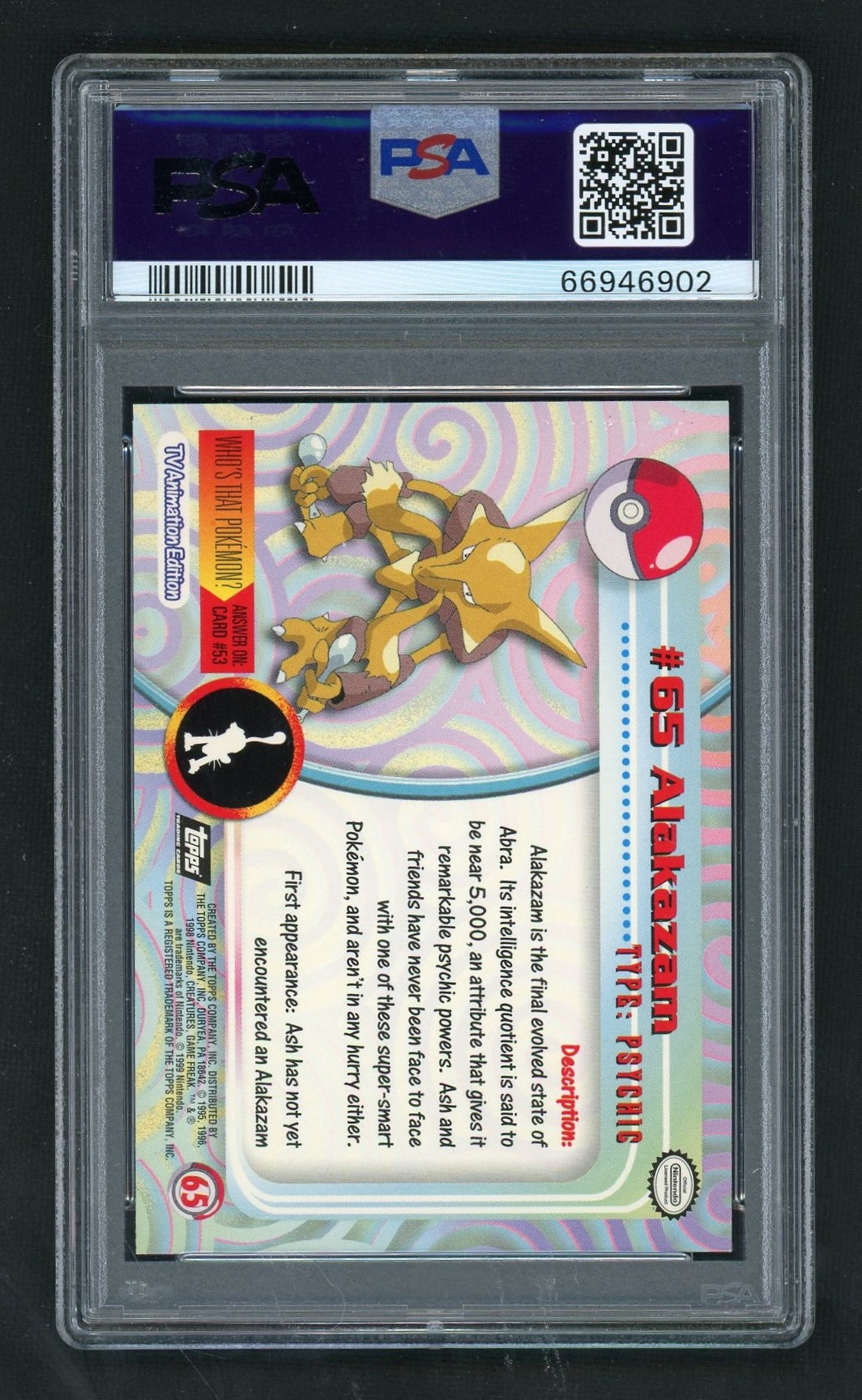 1999 Topps Pokemon Tv Holo Alakazam #65 PSA 9