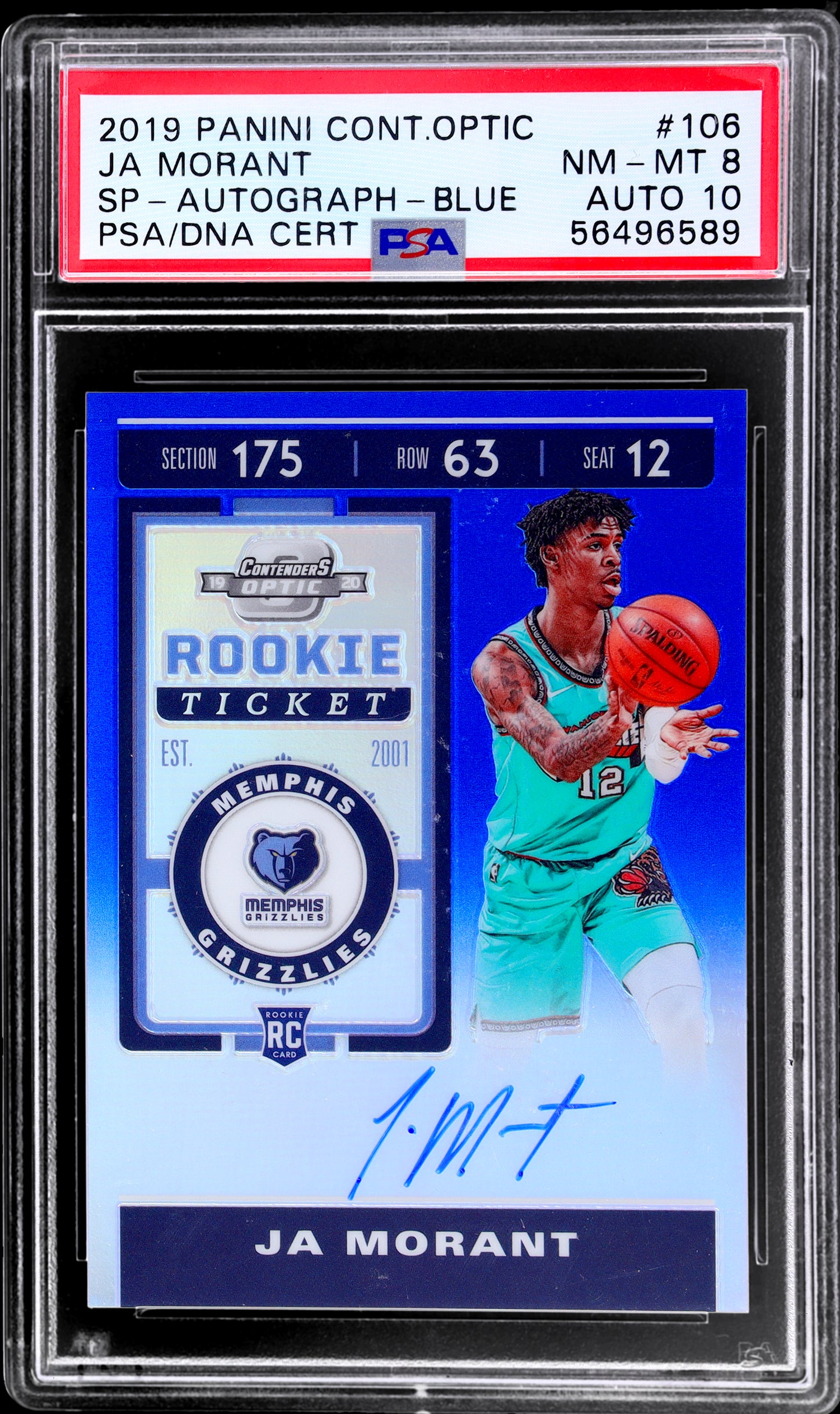 2019 Panini Contenders Optic #106 Ja Morant Ball In Right Hand Variation Rookie Ticket Autograph Blue /99 PSA 8