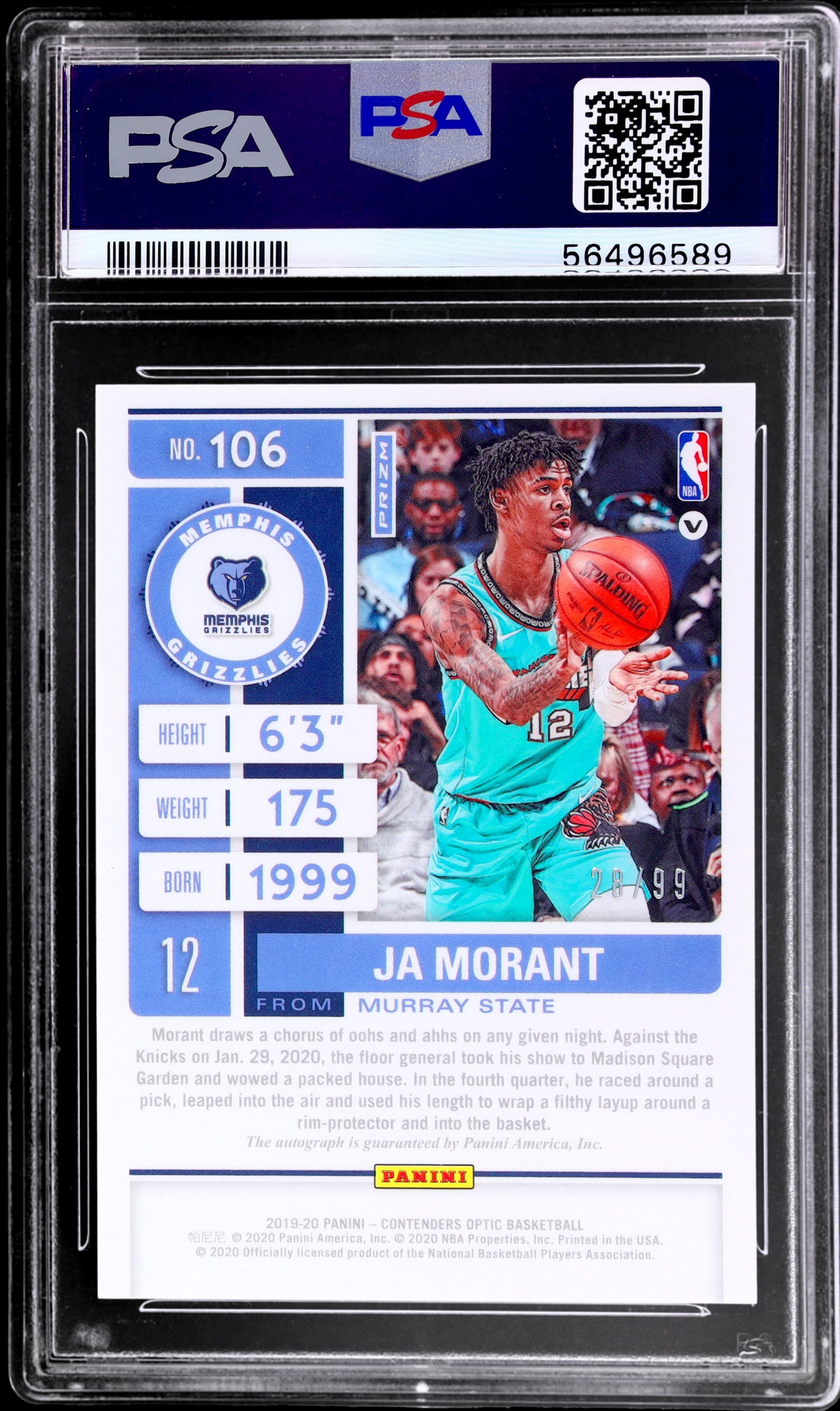 2019 Panini Contenders Optic #106 Ja Morant Ball In Right Hand Variation Rookie Ticket Autograph Blue /99 PSA 8