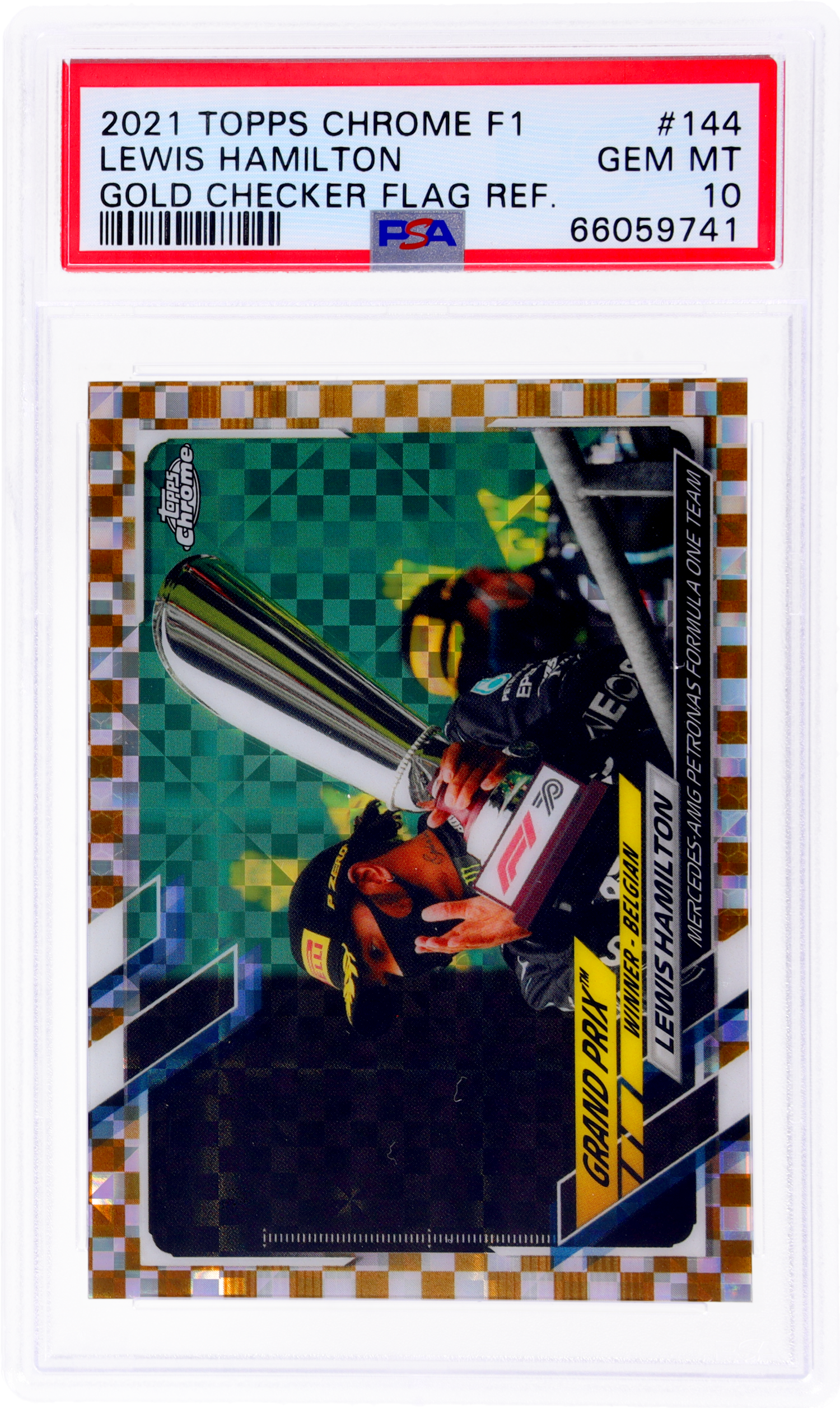 2021 Topps Chrome F1 Gold Checker Flag Refractor Lewis Hamilton #144 /50 PSA 10