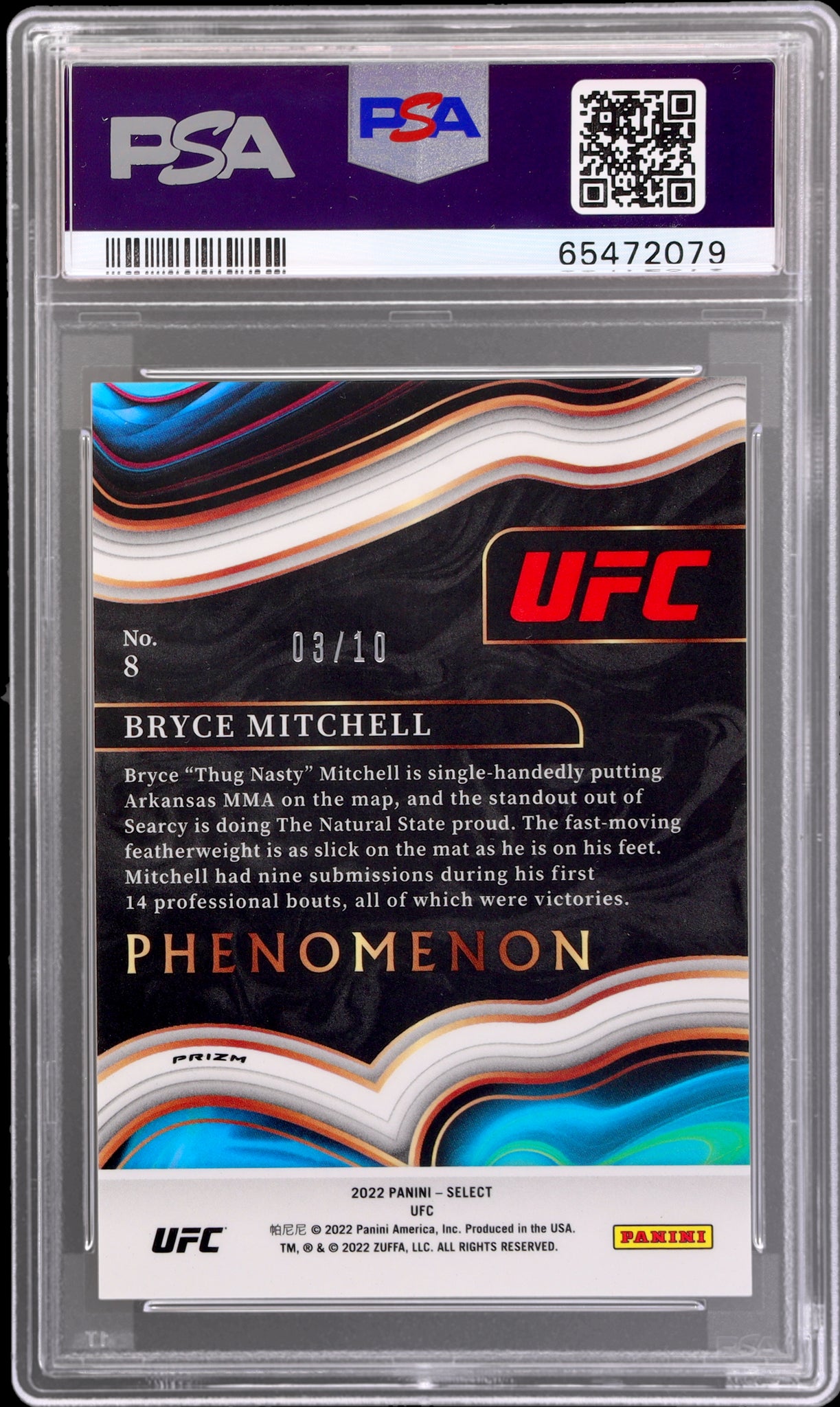 2022 Select UFC Phenomenon Gold Prizm Bryce Mitchell #8 /10 PSA 9