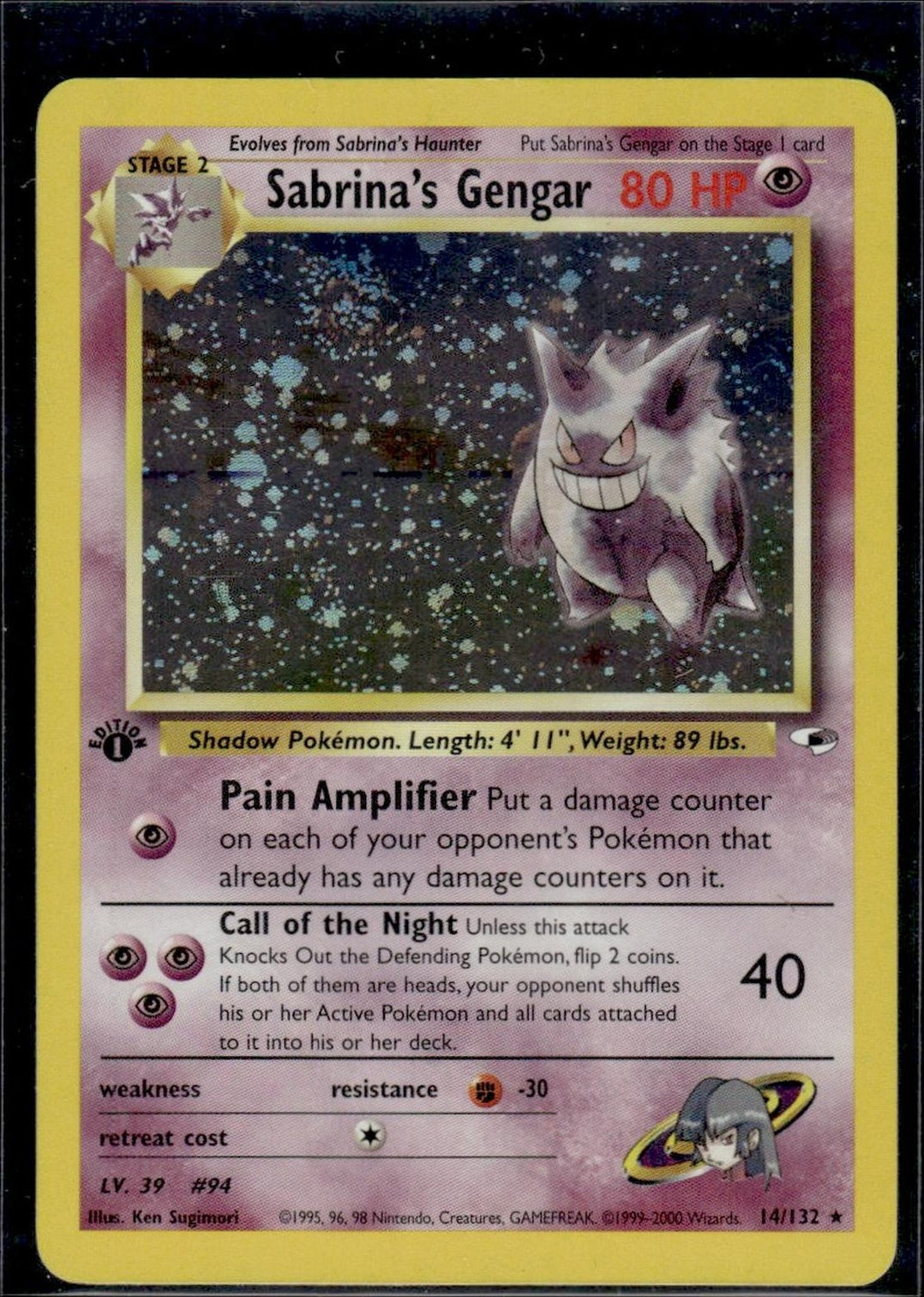 1999 Wizards Pokemon #14/132 Sabrina's Gengar 1st Edition Gym Challenge