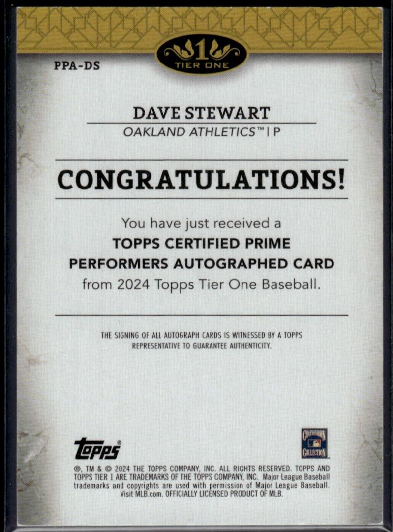 2024 Topps Tier One Prime Performers Dave Stewart Auto  /199 