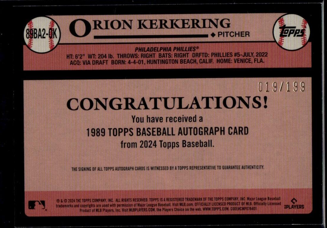 2024 Topps Orion Kerkering Rookie Auto /199