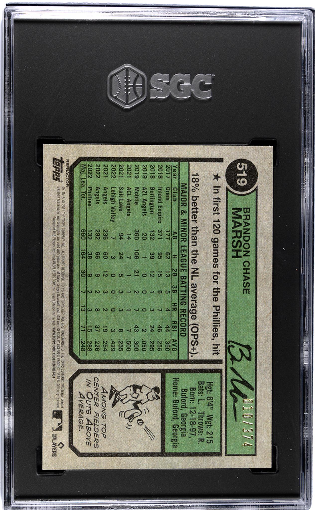 2023 Topps Heritage #519 Brandon Marsh Chrome Refractor /374 SGC 9.5