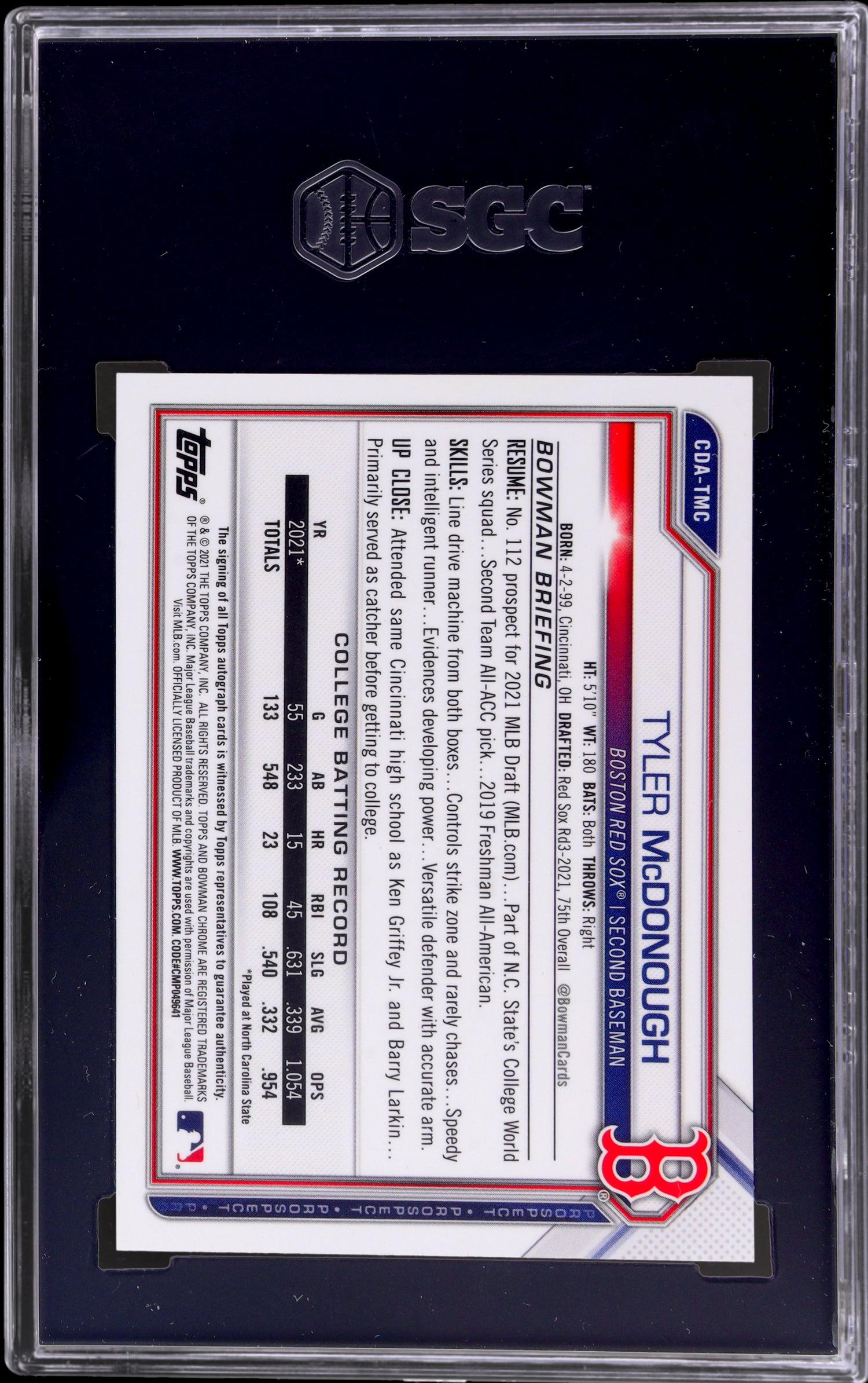 2021 Bowman Draft Purple Refractor Tyler McDonough CDA-TMC Auto /250 SGC 9.5 Auto 10